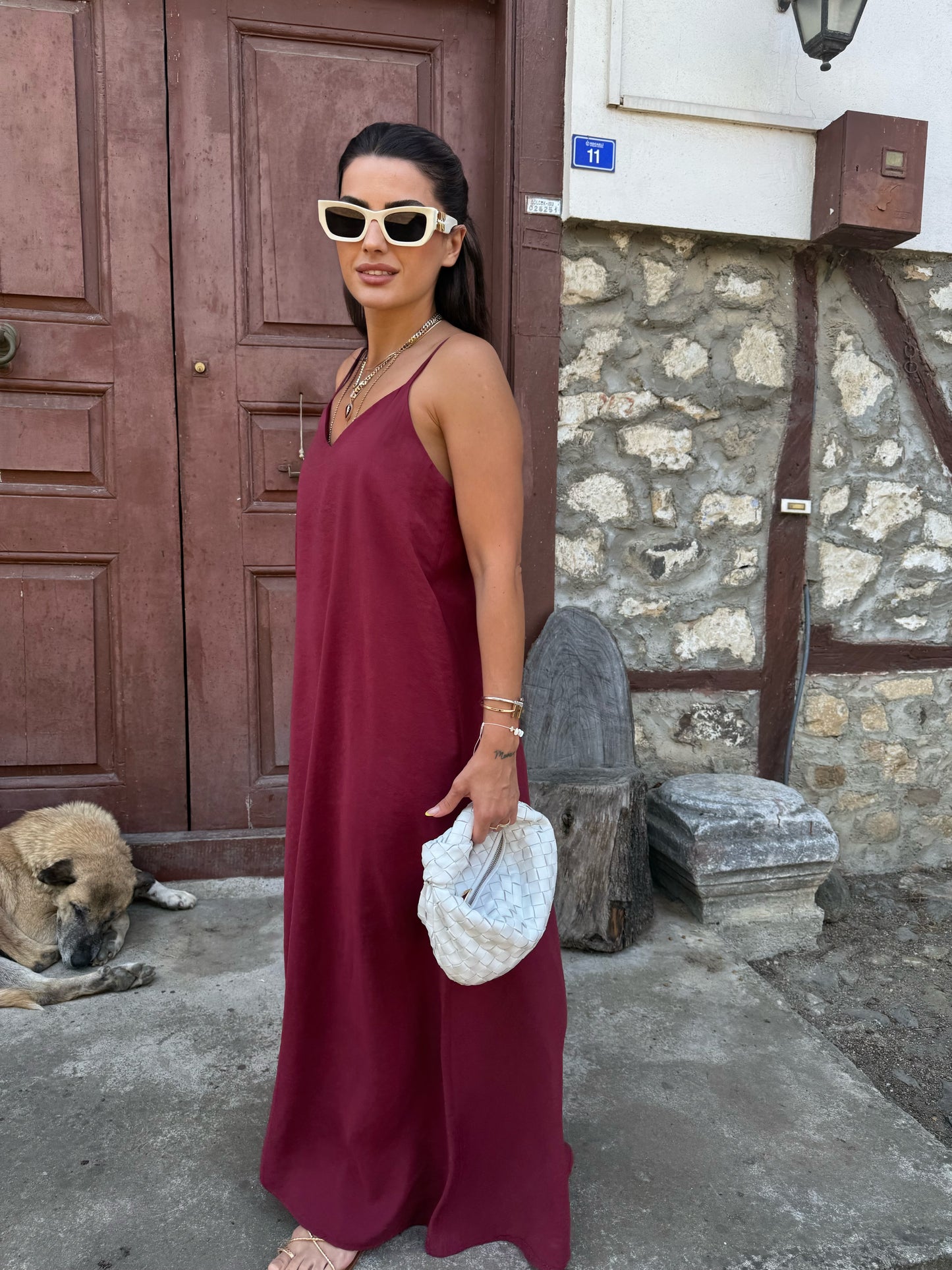 Mürdüm Tensel Maxi Askılı Elbise