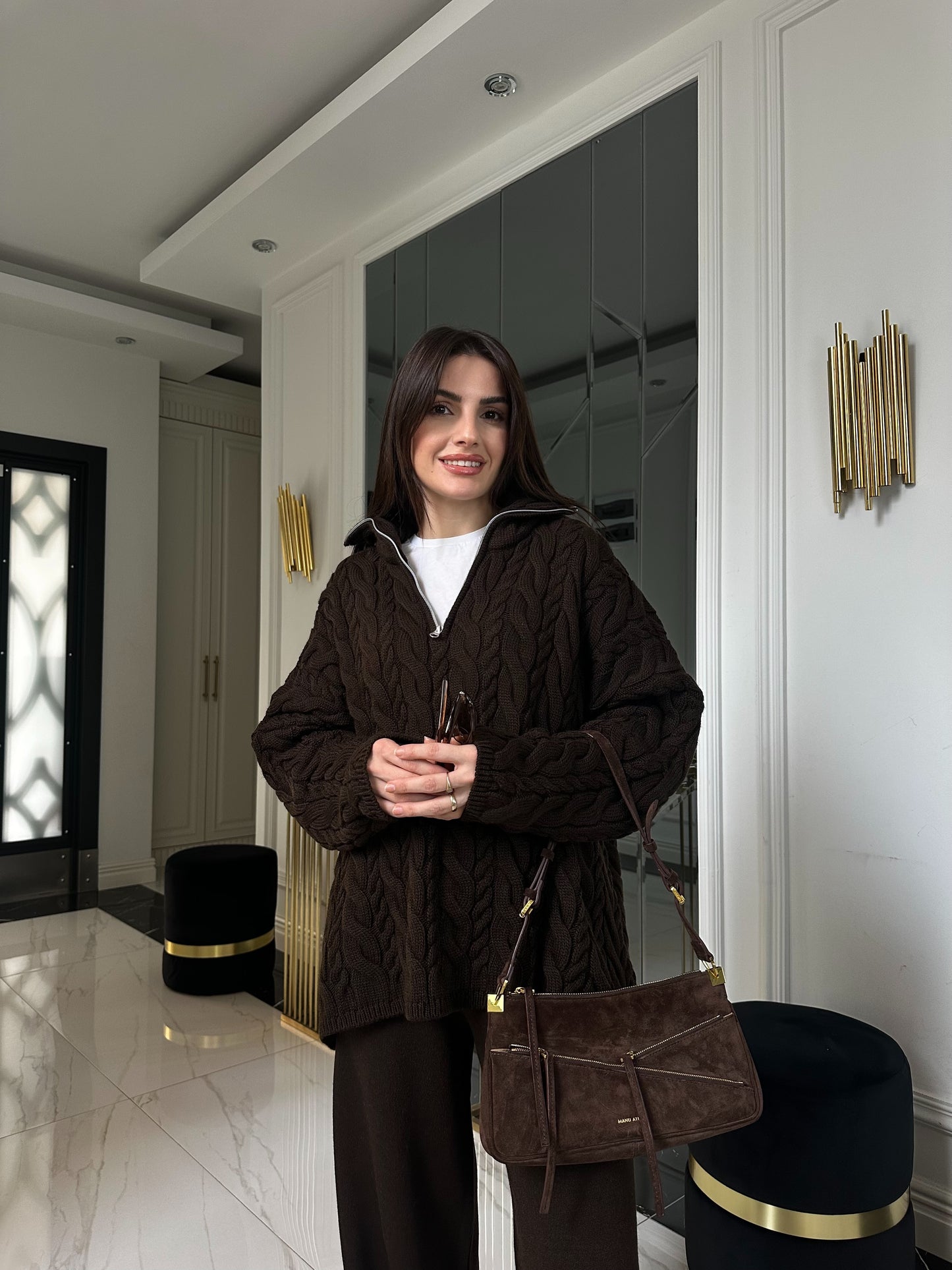 Koyu Kahve Fermuarlı Triko Takım