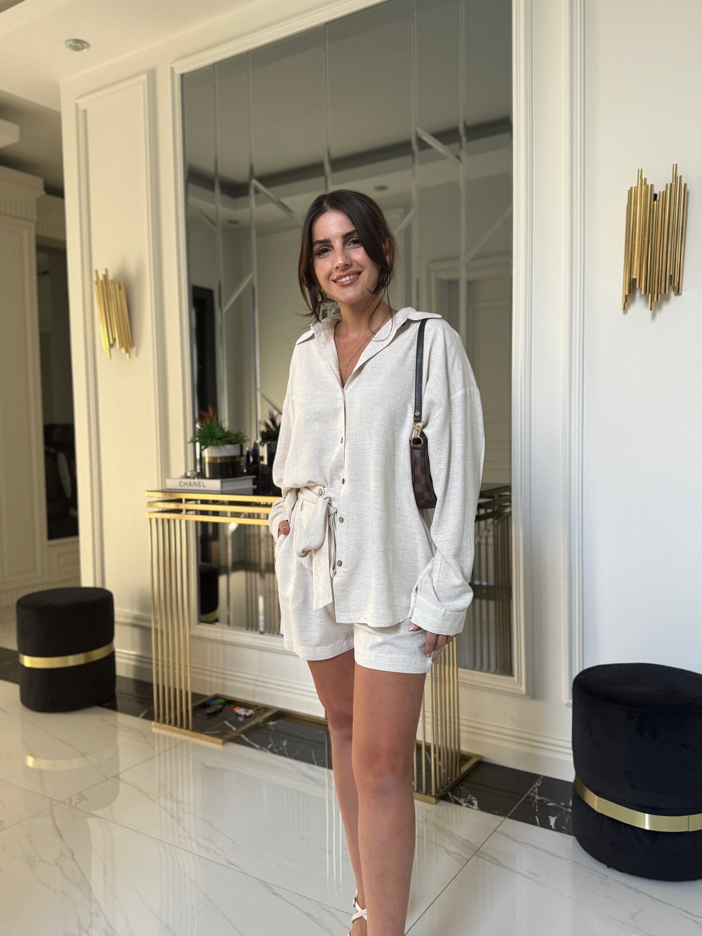 Naturel Pamuklu Keten Şort Gömlek Takım