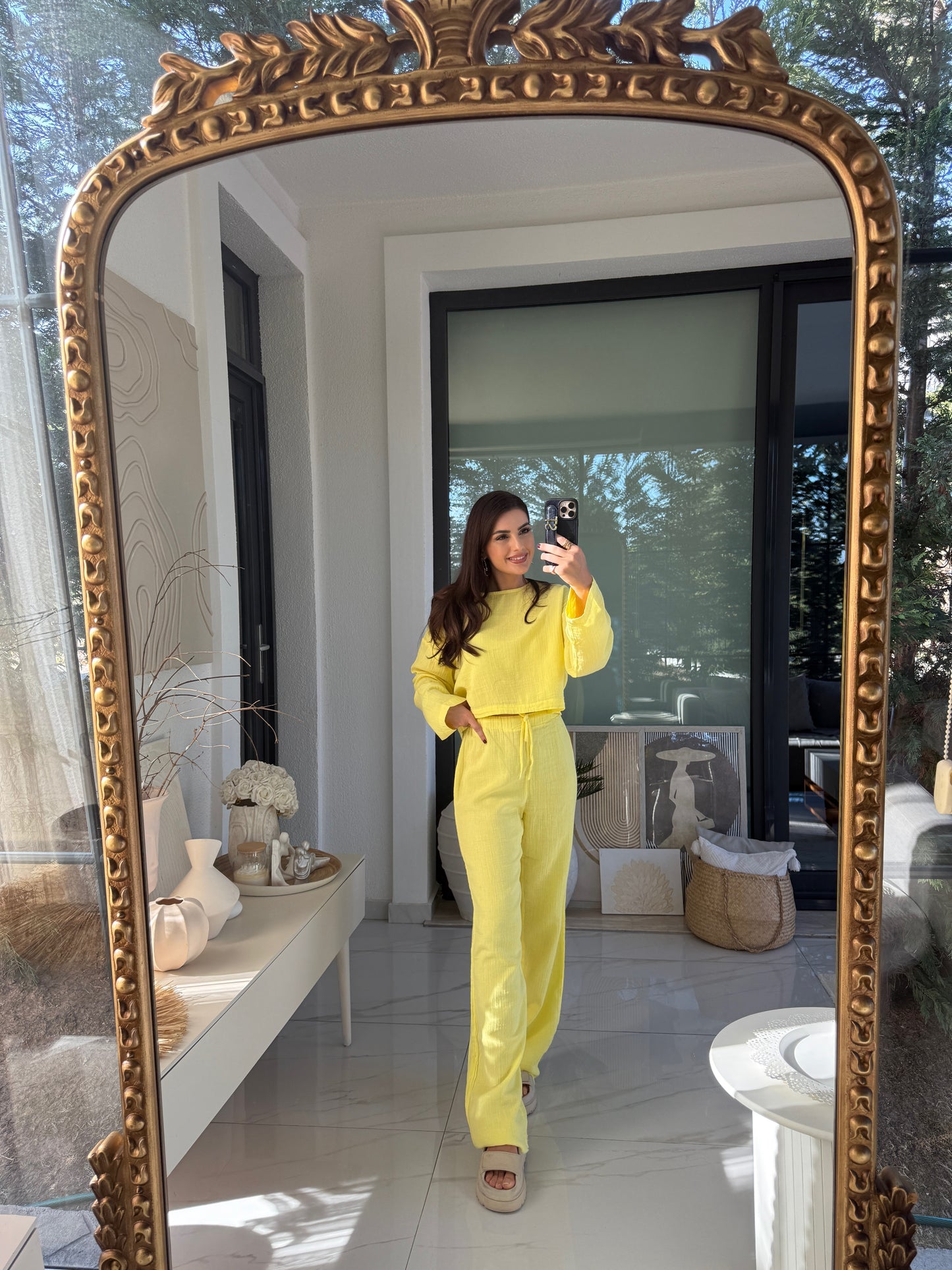 Sarı Müslin Crop Pantolon Takım
