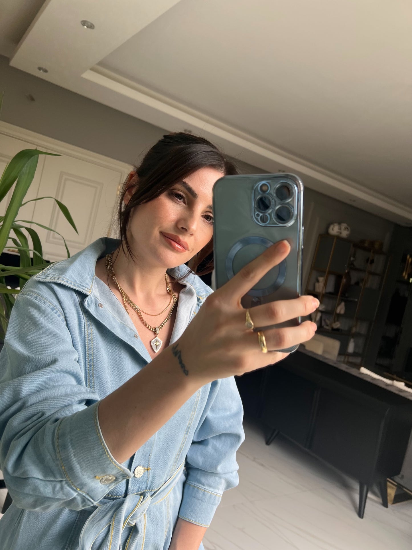 Açık Mavi Denim Kuşaklı Elbise