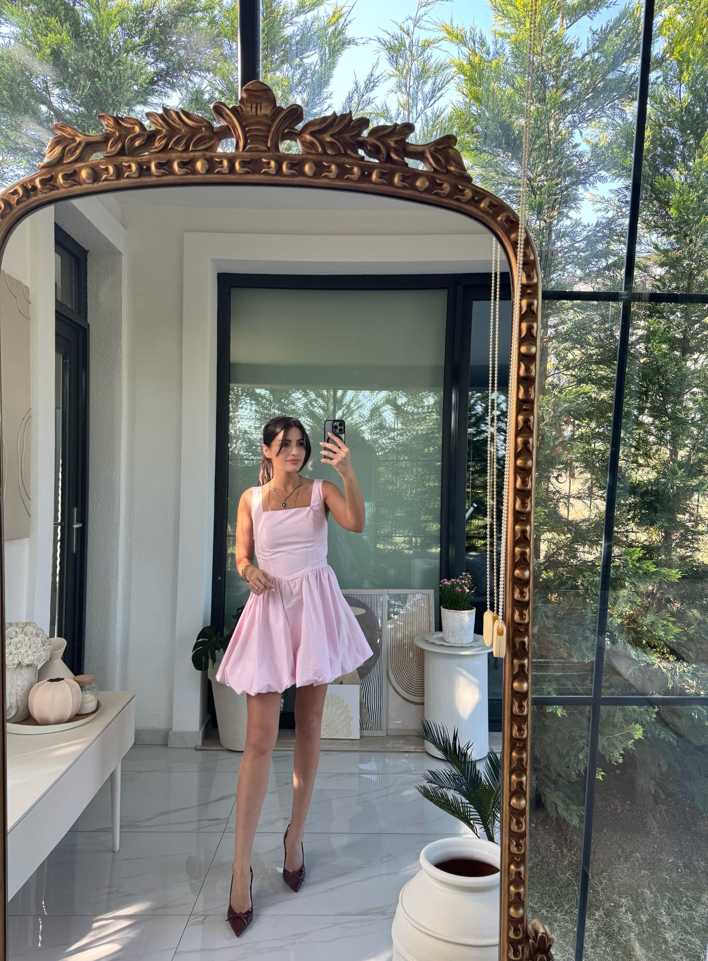 Pembe Askılı Balon Elbise