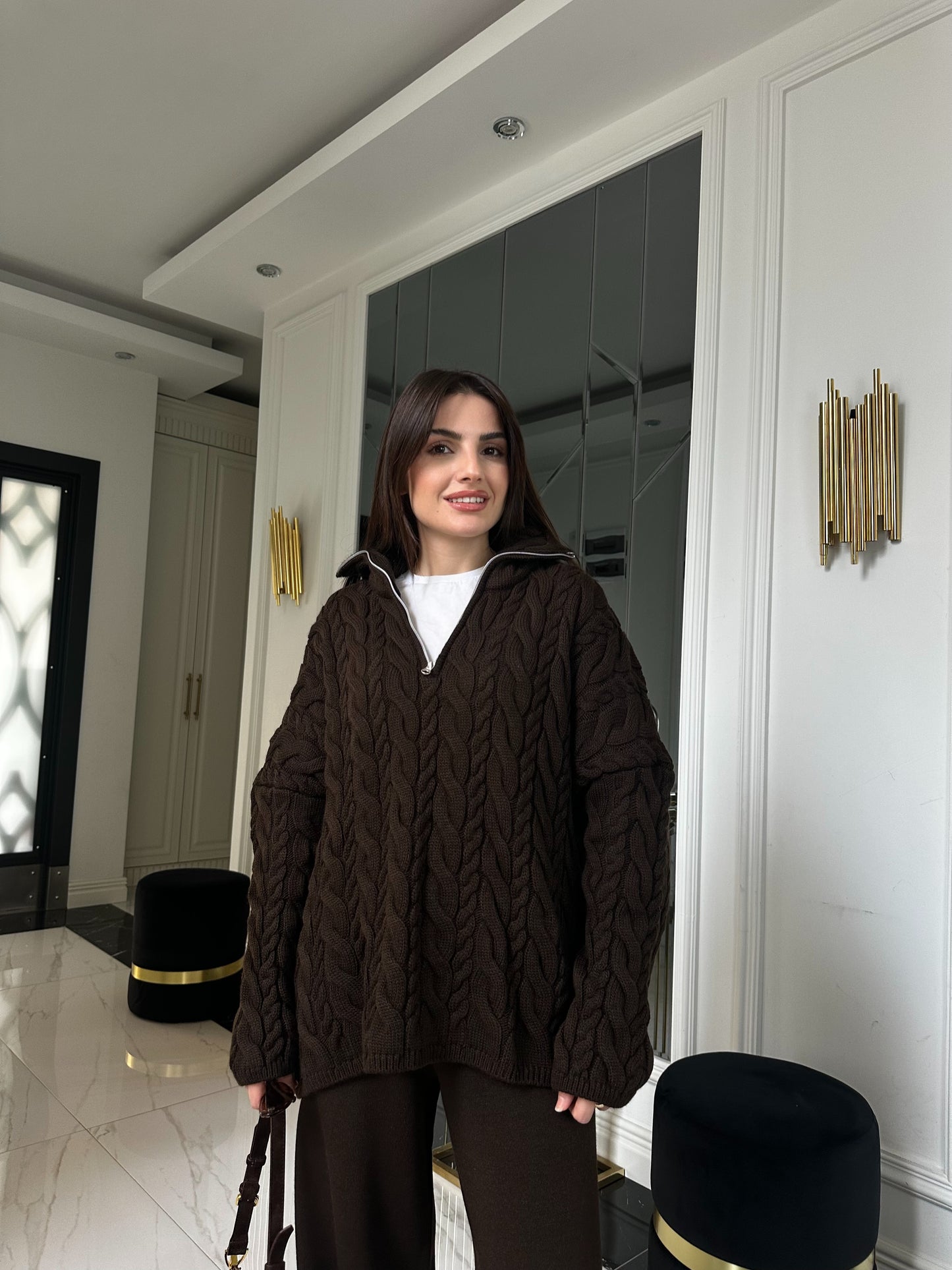 Koyu Kahve Fermuarlı Triko Takım