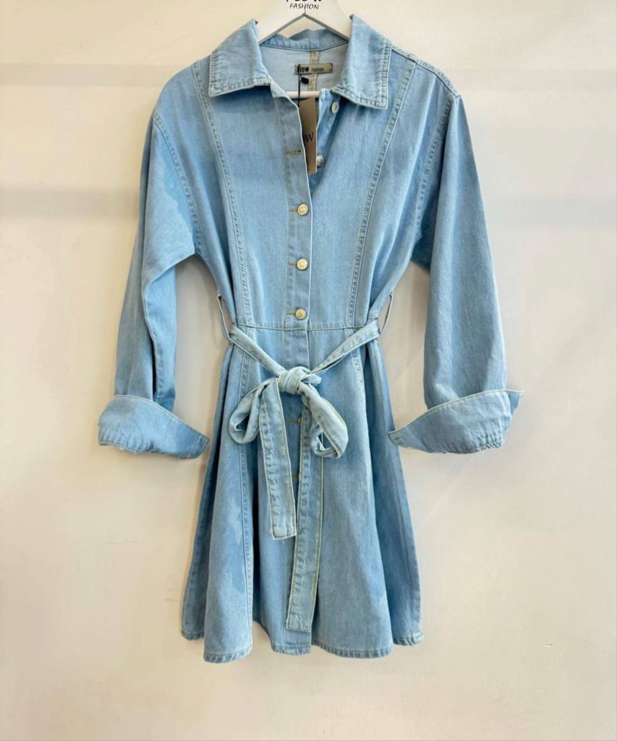 Açık Mavi Denim Kuşaklı Elbise