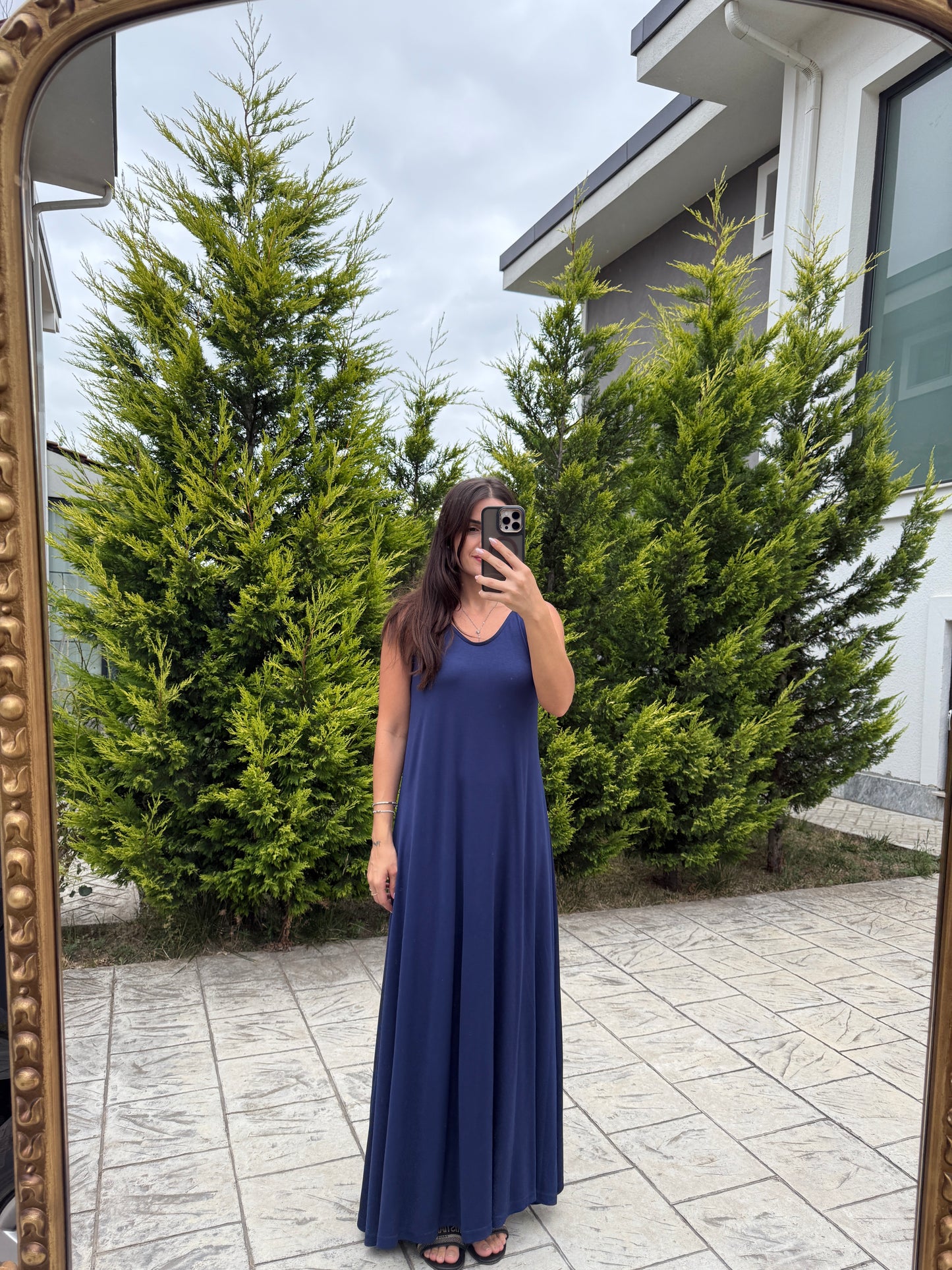 İndigo Askılı Modal Maxi Elbise