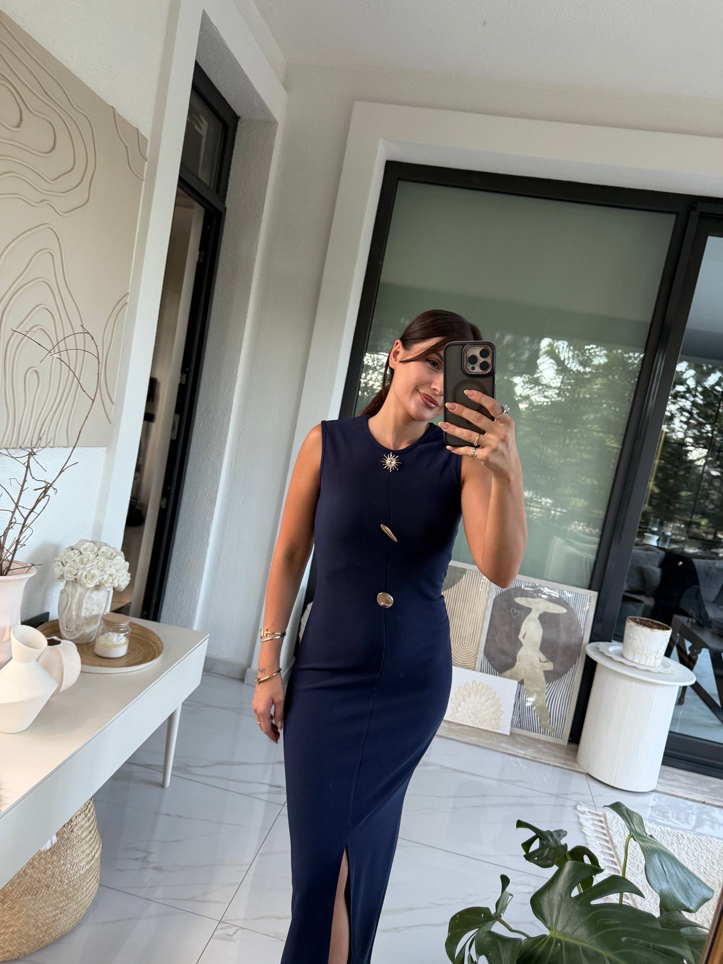Lacivert Gold Aksesuarlı Elbise