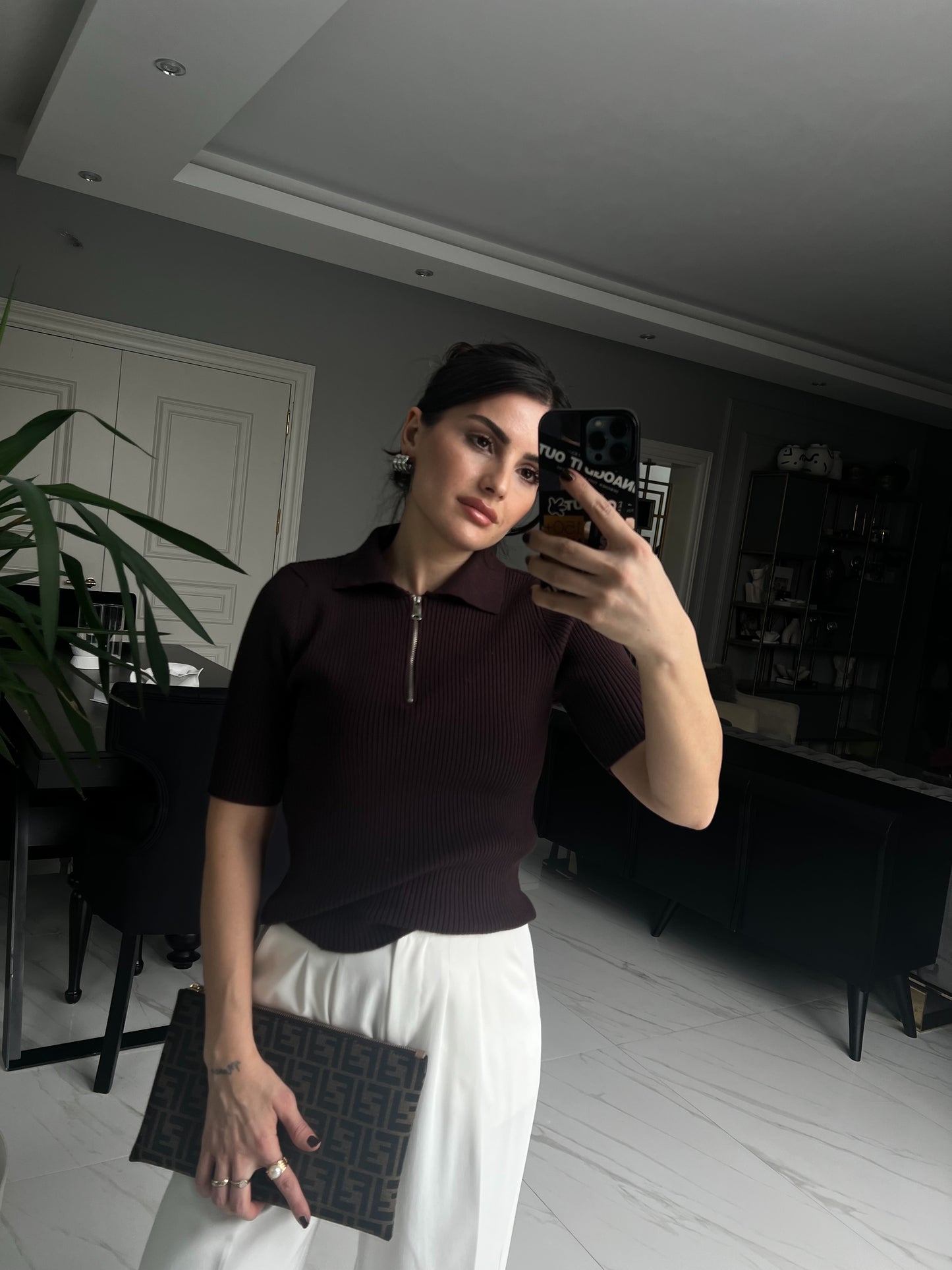 Acı Kahve Fermuarlı Fitilli Triko