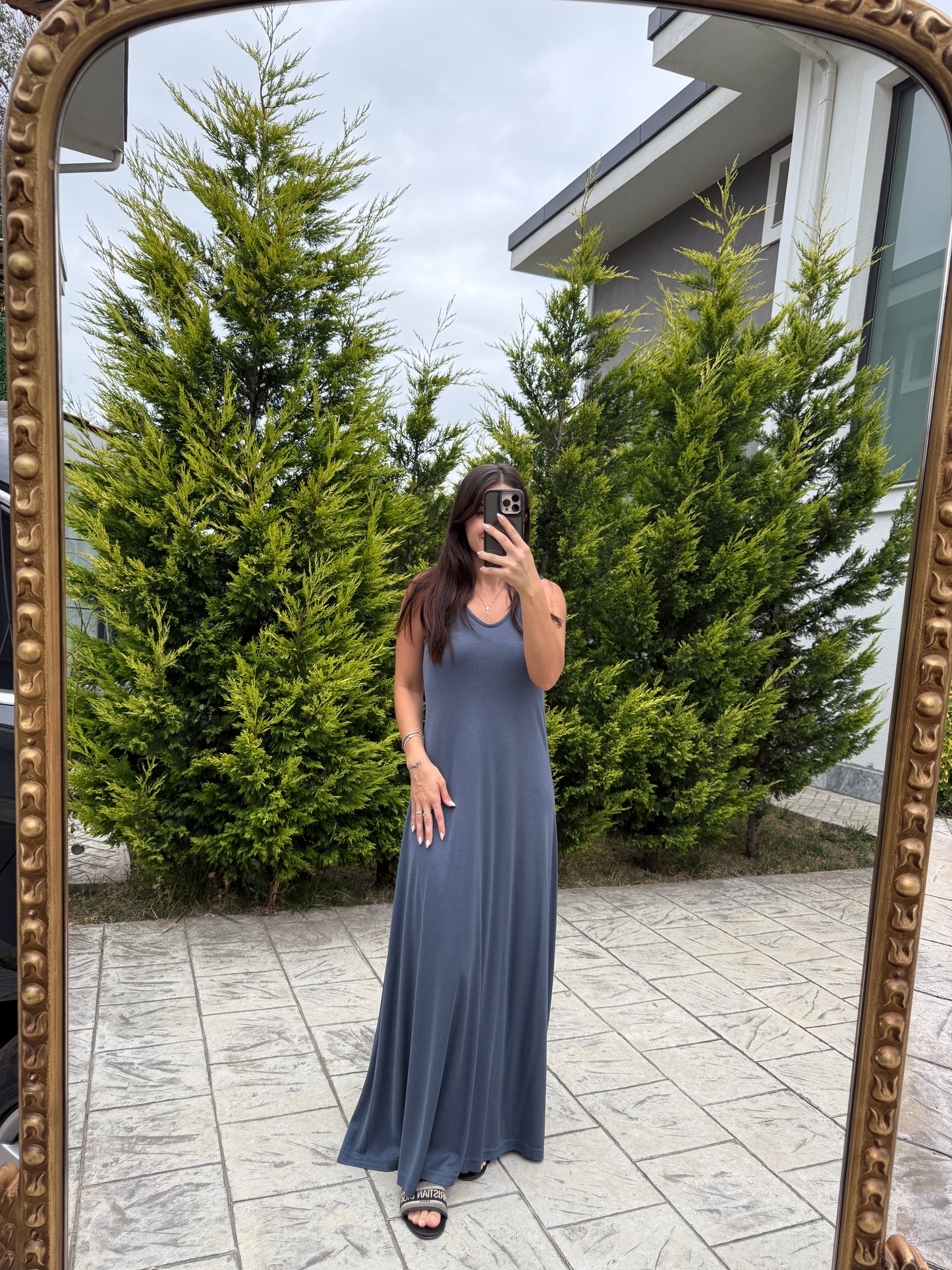Füme Askılı Modal Maxi Elbise