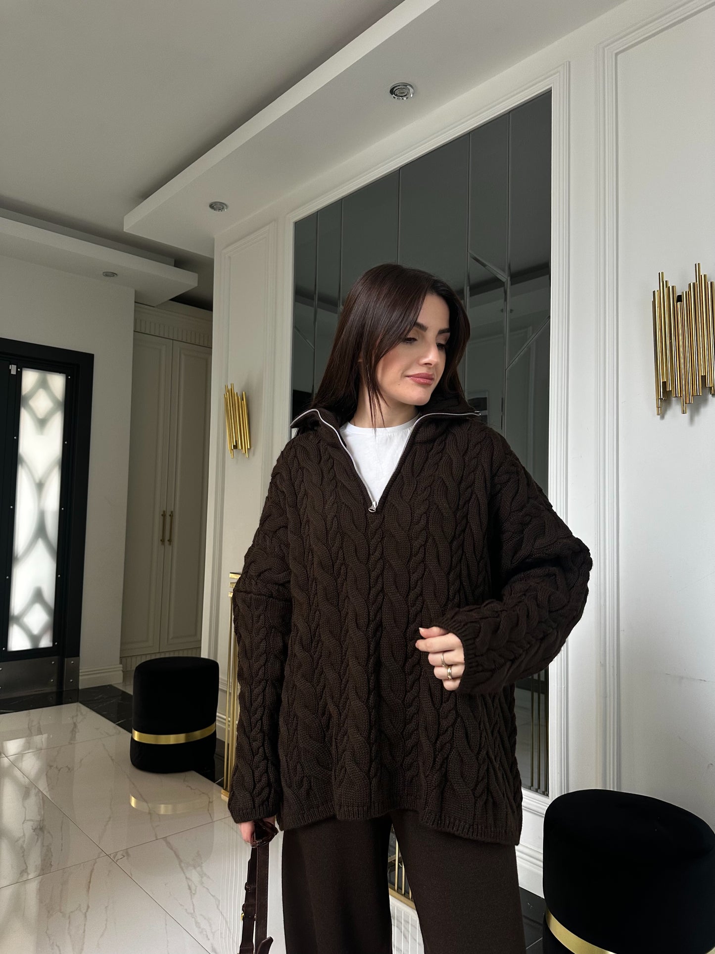 Koyu Kahve Fermuarlı Triko Takım
