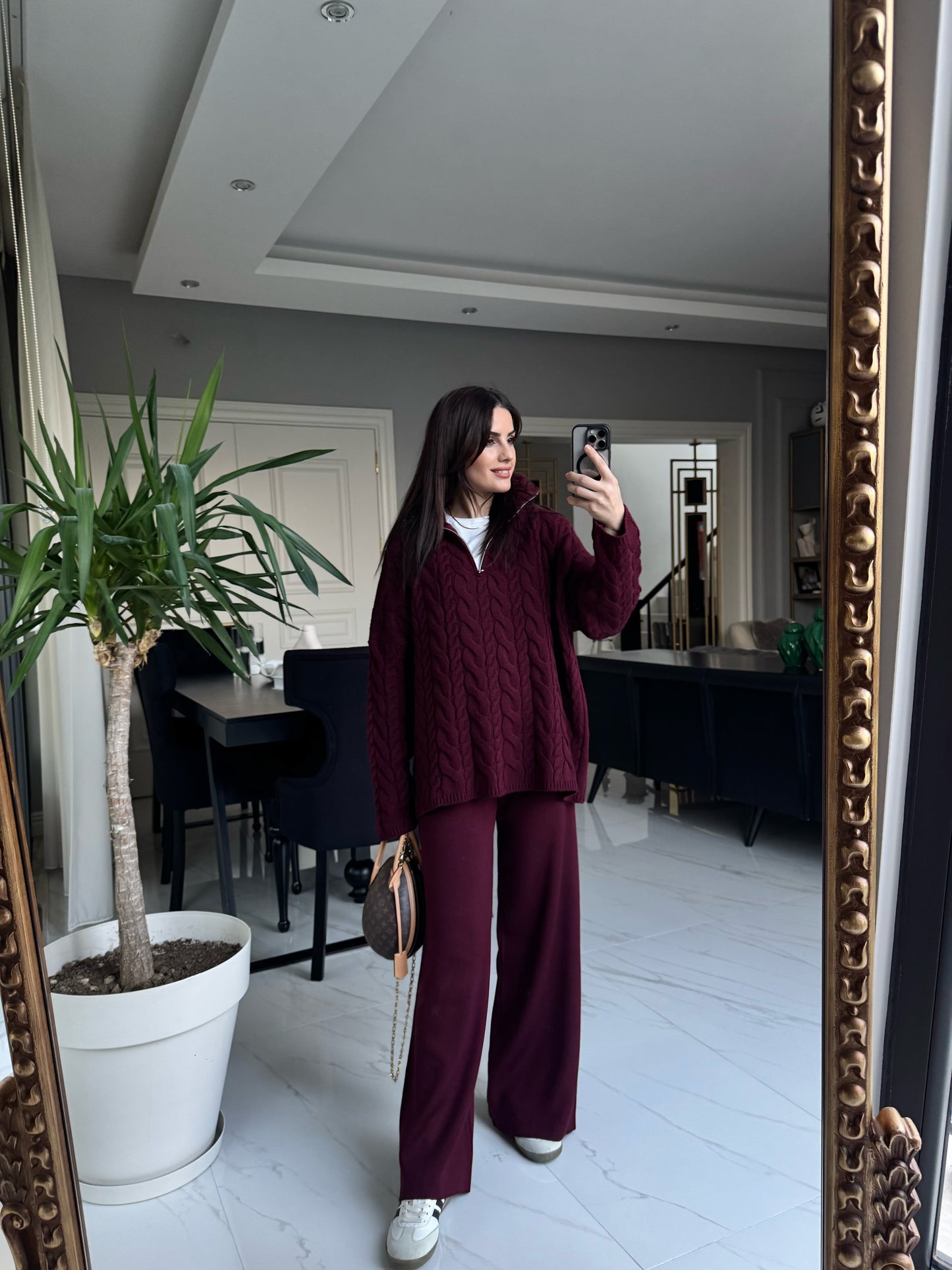 Koyu Bordo Saç Örgü Triko Takım