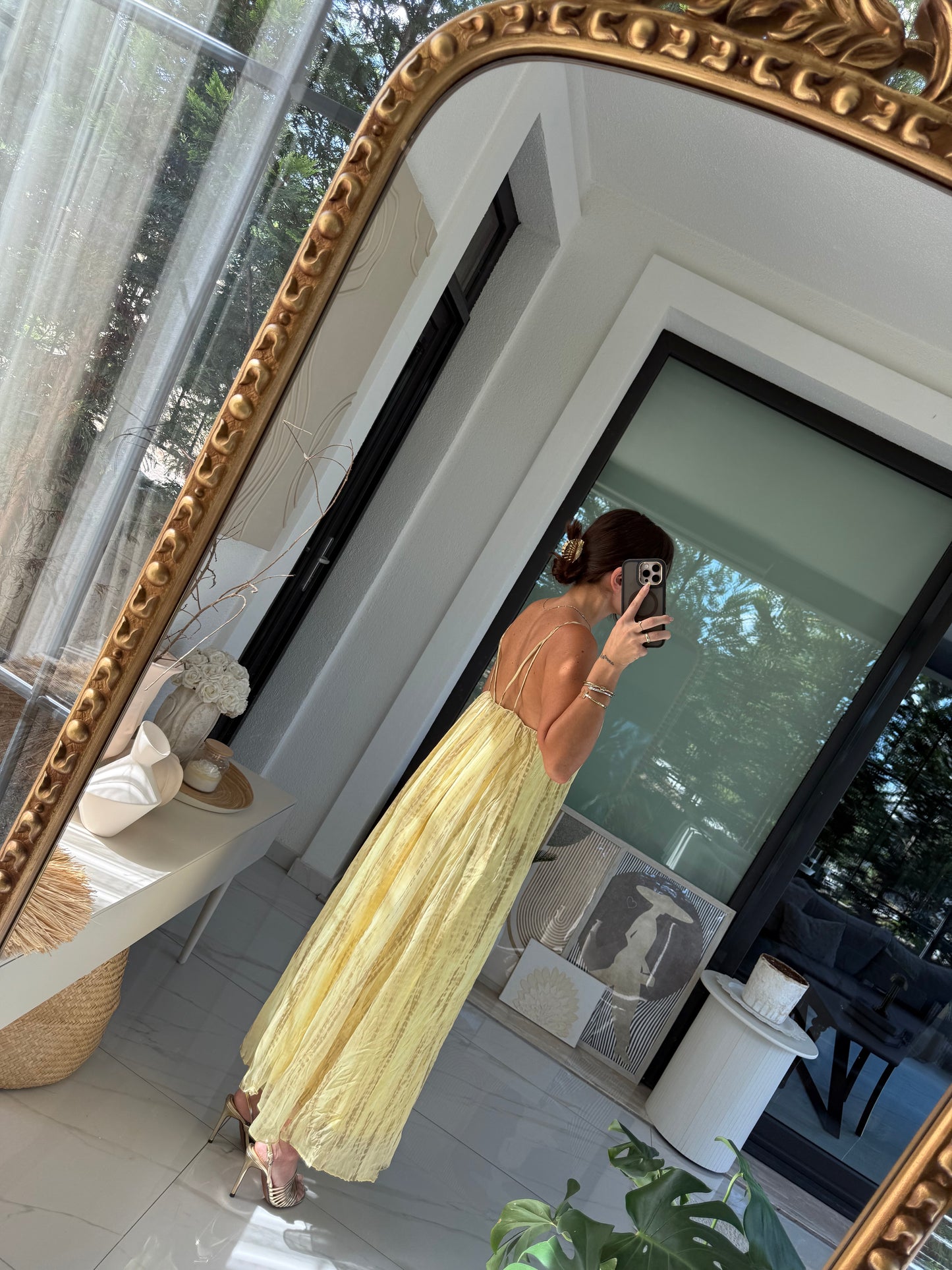 Sarı Gold Aksesuarlı Astarlı Şifon Elbise