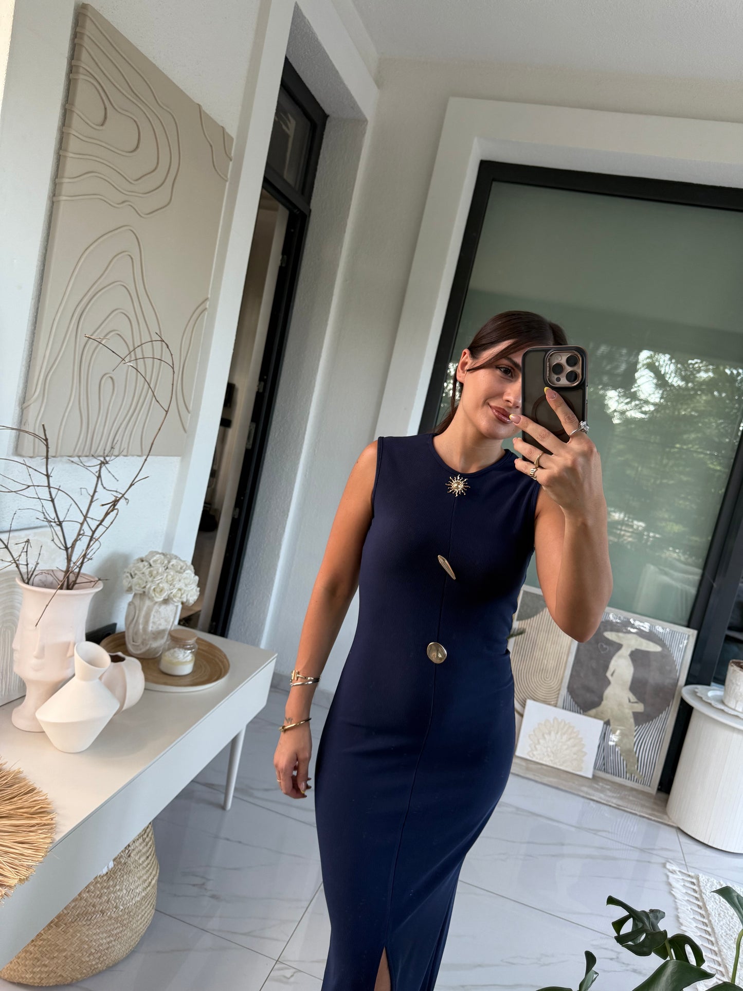 Lacivert Gold Aksesuarlı Elbise