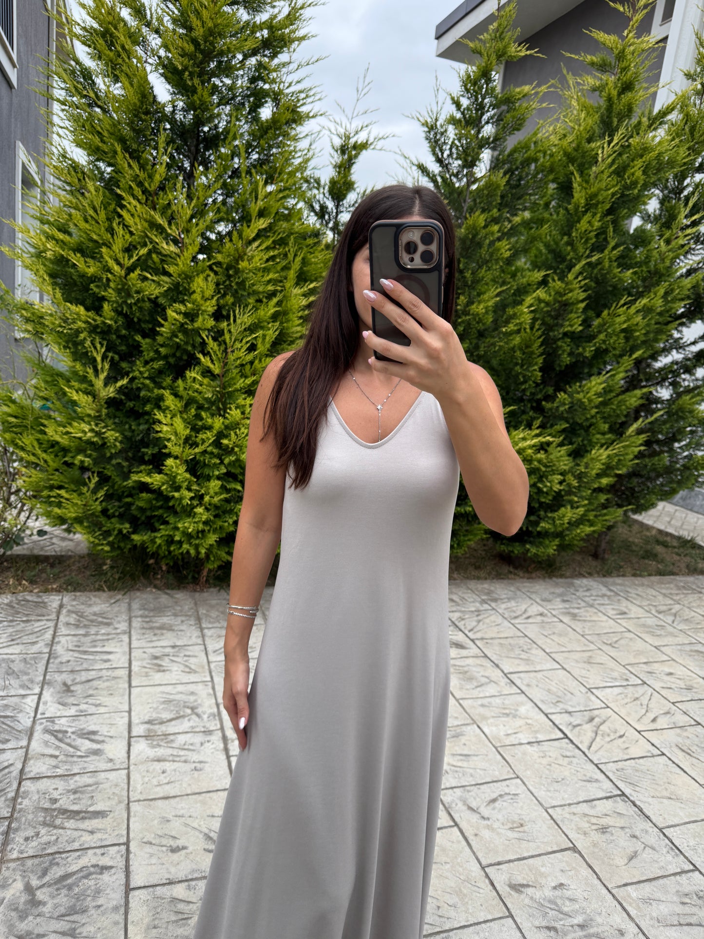 Taş Askılı Modal Maxi Elbise