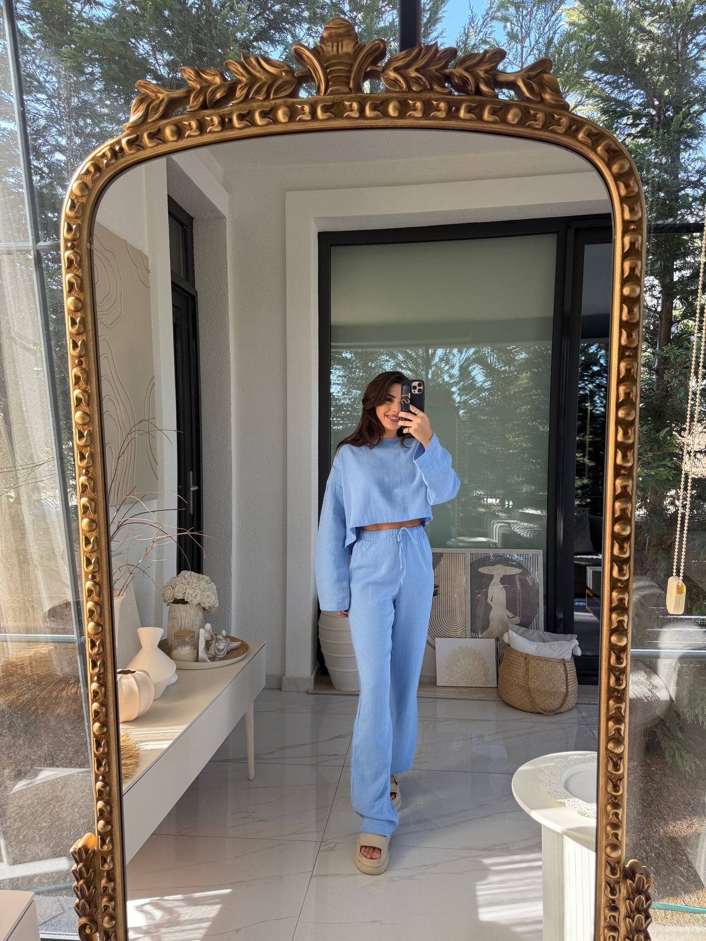Mavi Müslin Crop Pantolon Takım