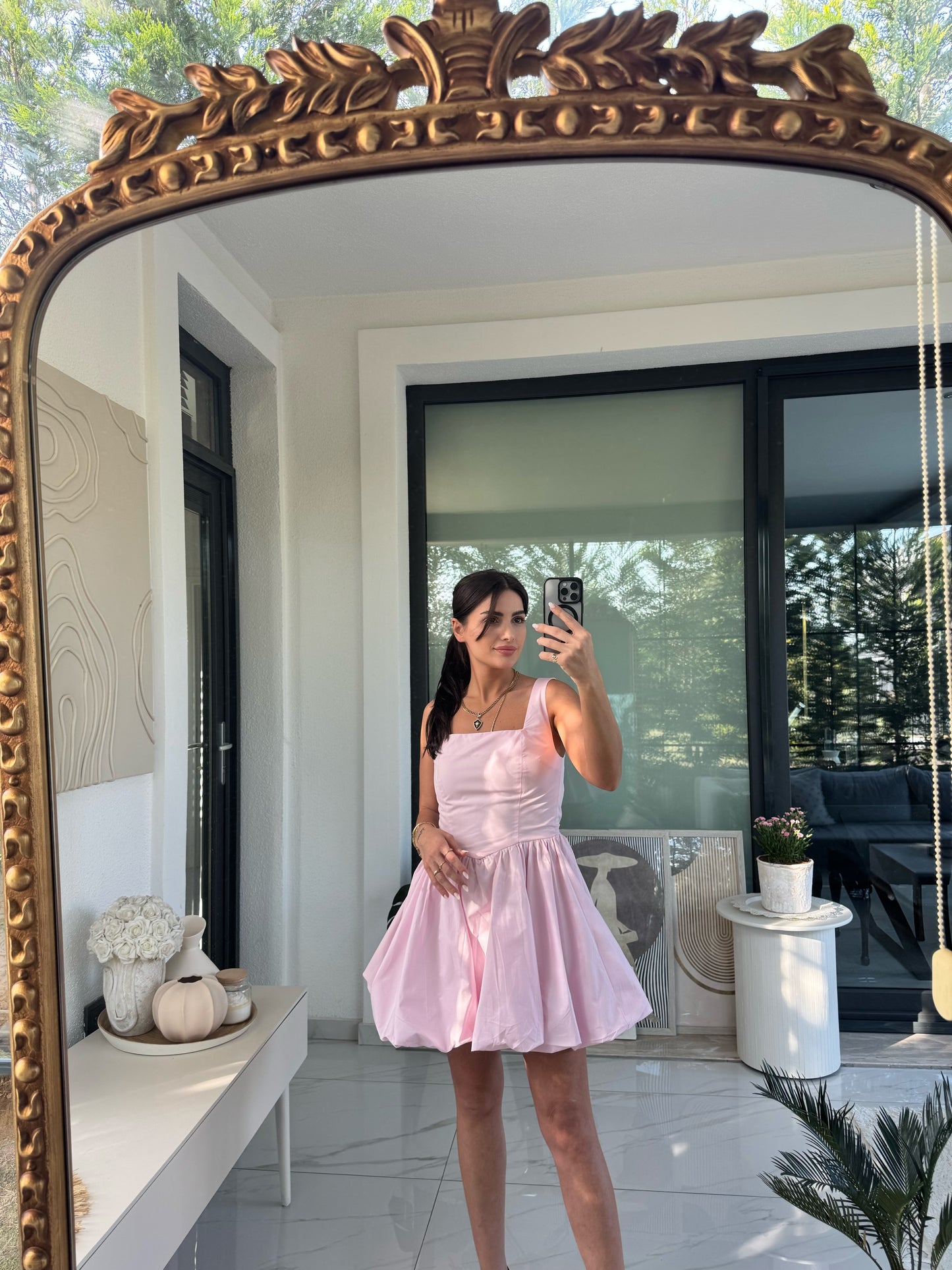Pembe Askılı Balon Elbise