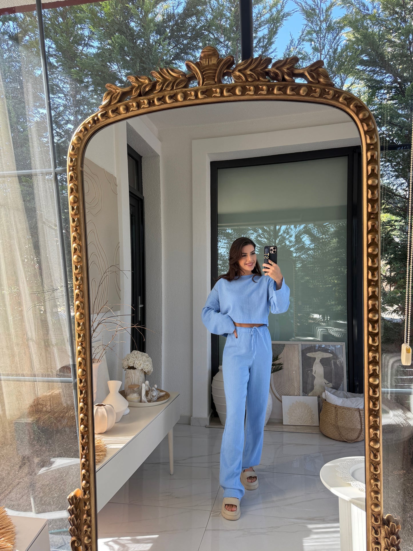 Mavi Müslin Crop Pantolon Takım