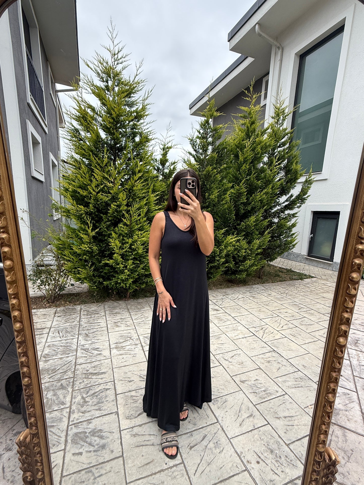 Siyah Askılı Modal Maxi Elbise
