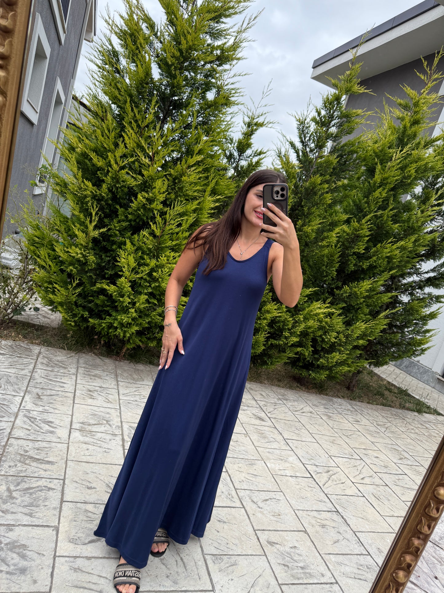 İndigo Askılı Modal Maxi Elbise