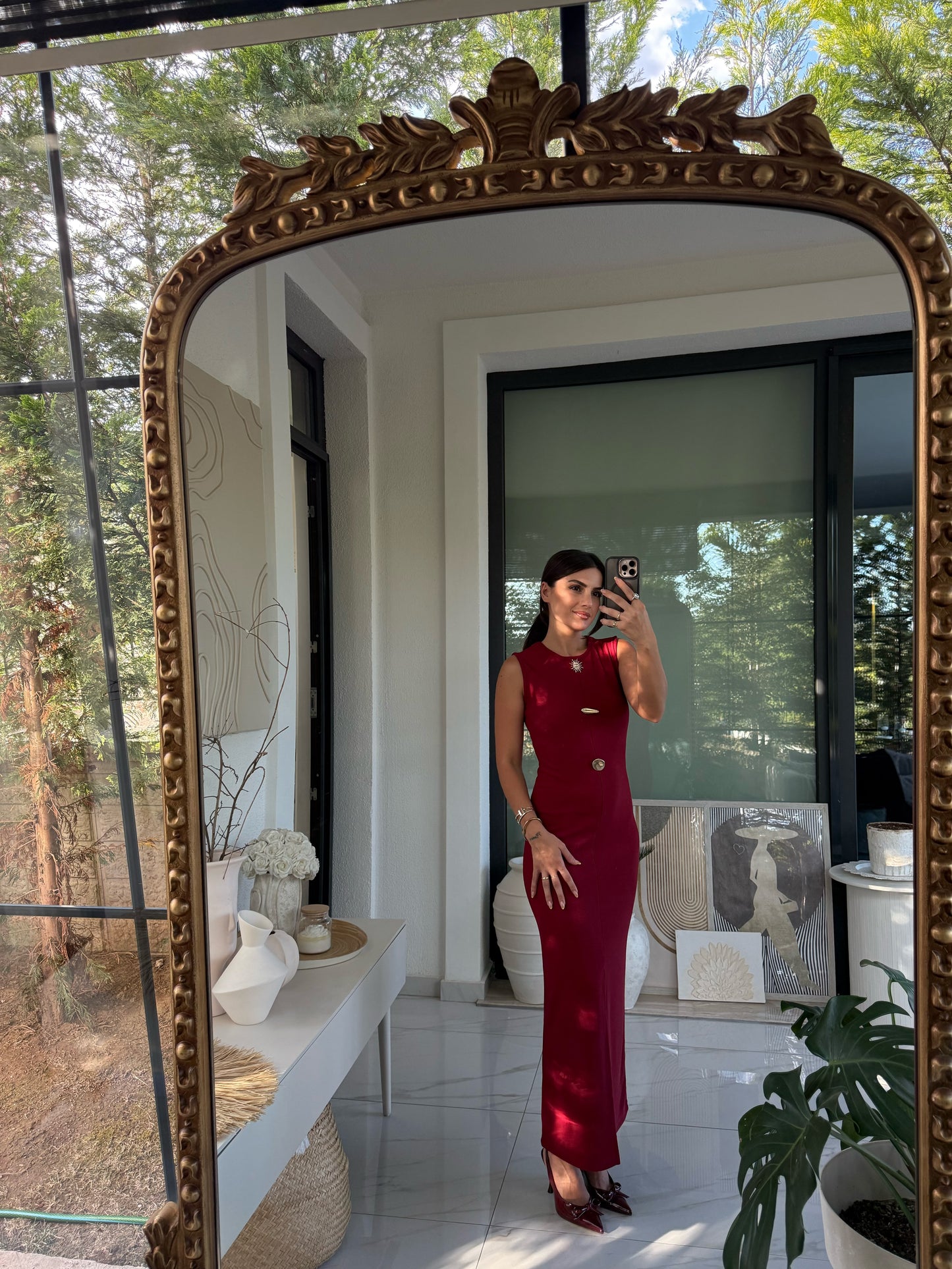 Bordo Gold Aksesuarlı Elbise