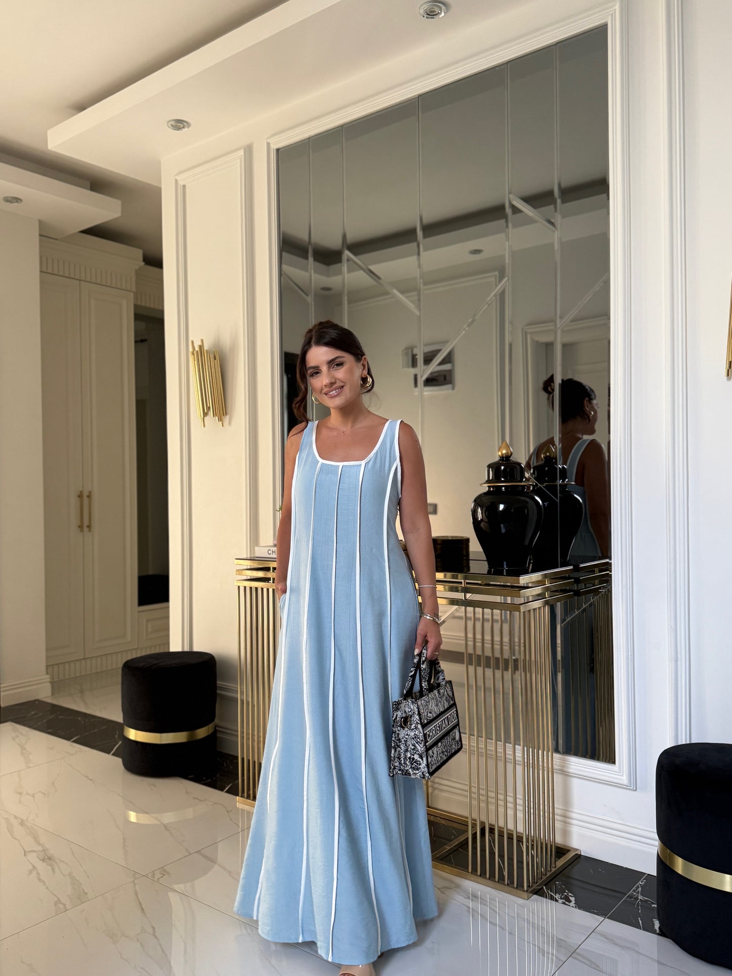 Bebe Mavi Biyeli Arkası Lastikli Elbise