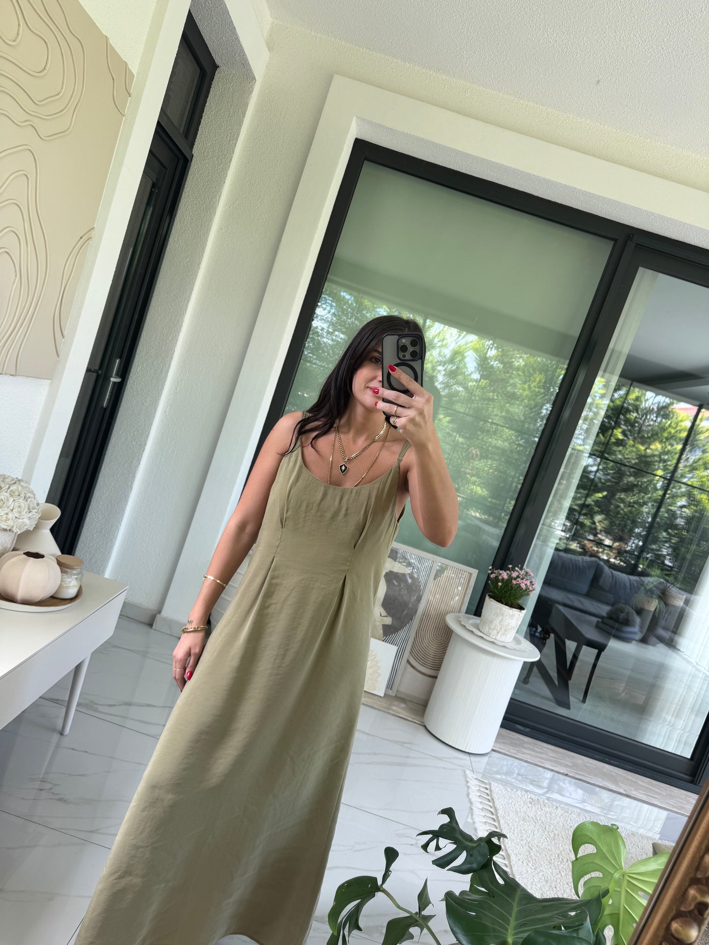 Yeşil Askılı Elbise Crop Gömlek Takım