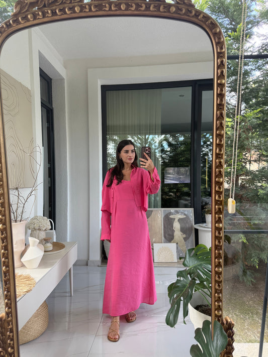 Pembe Askılı Elbise Crop Gömlek Takım