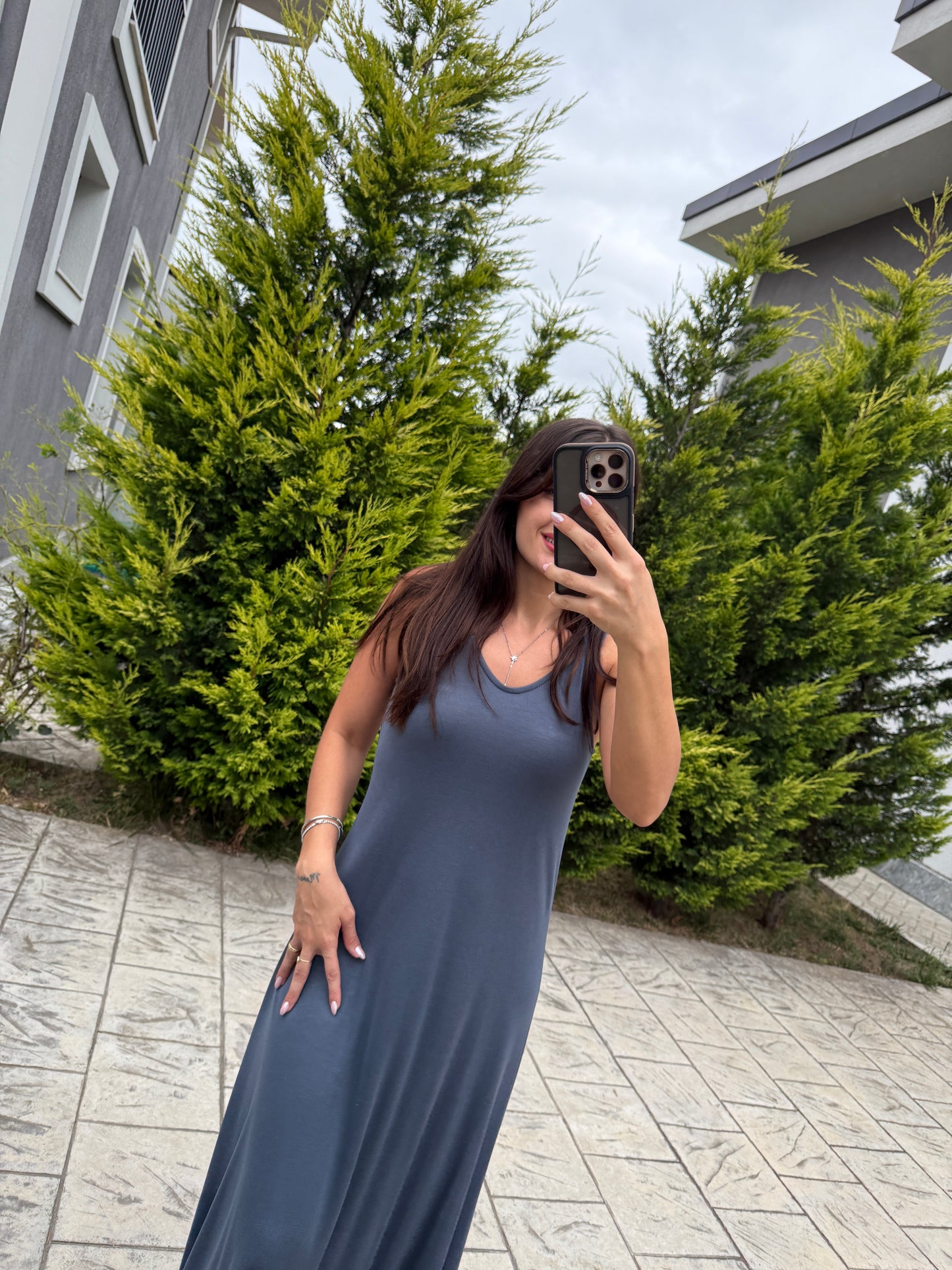 Füme Askılı Modal Maxi Elbise