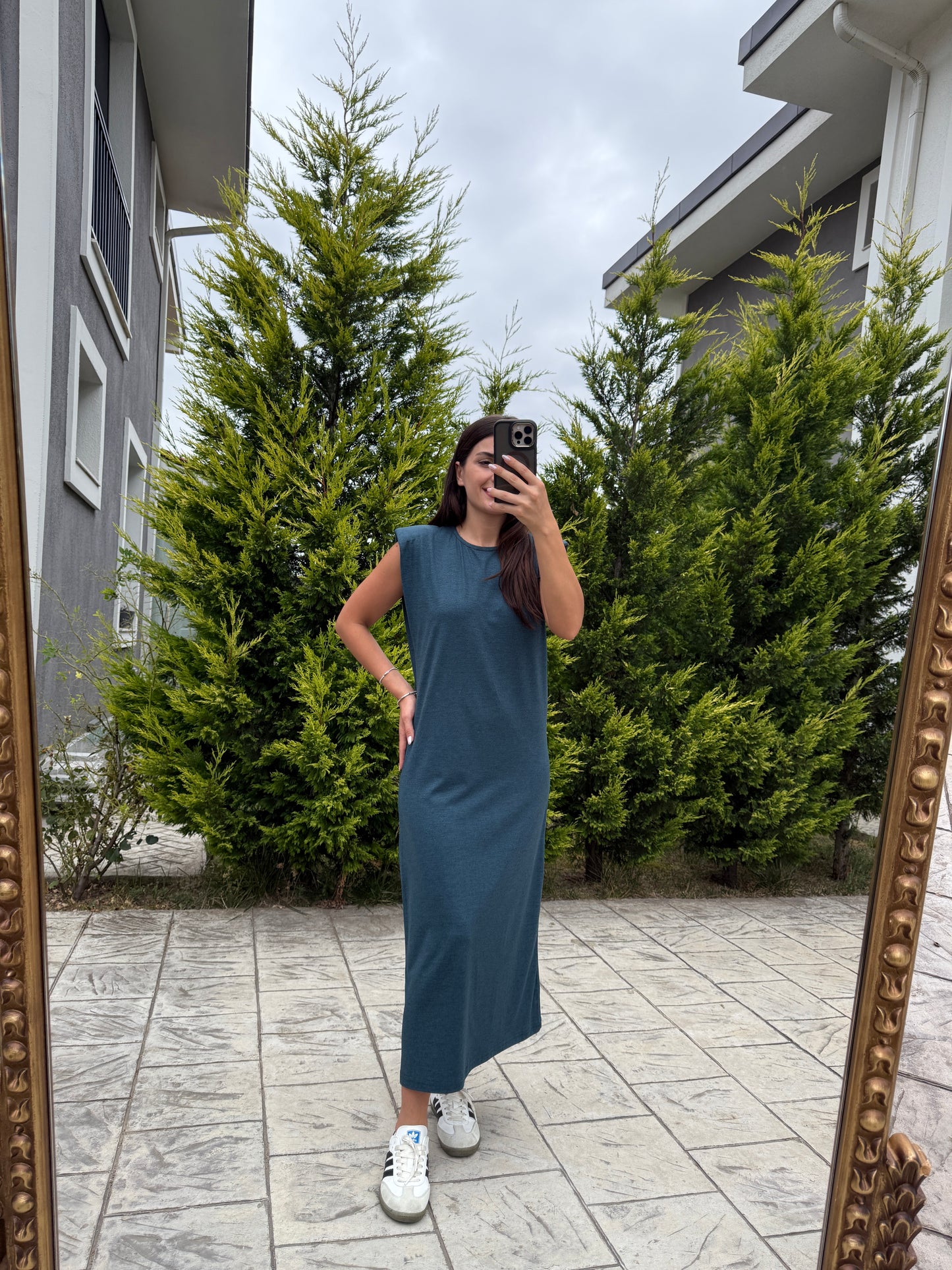 Yeşil Desenli Vatkalı Modal Midi Elbise