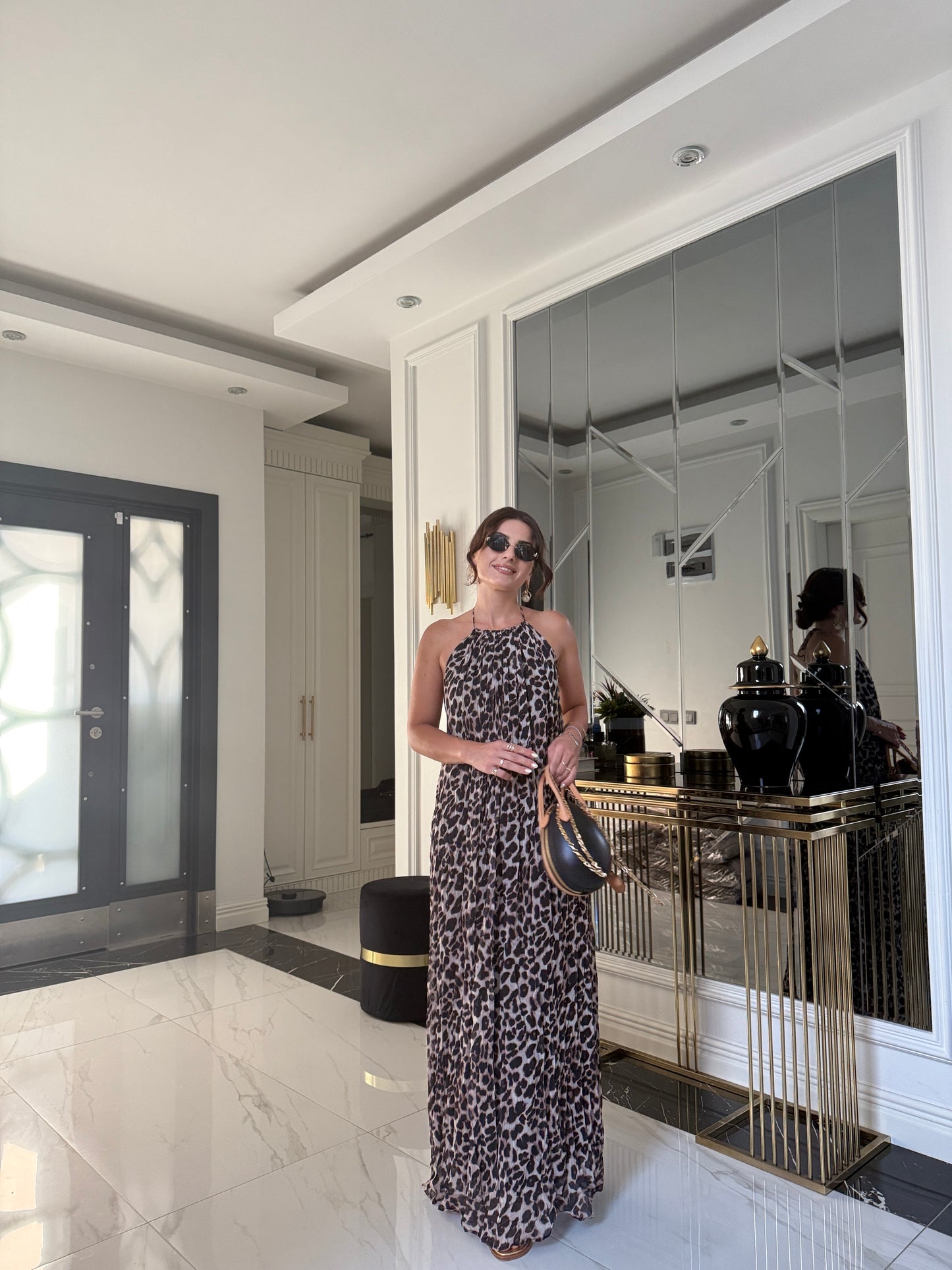 Leopar Sırt Detaylı Astarlı Şifon Elbise
