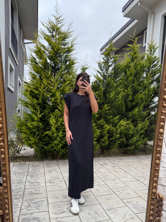 Siyah Vatkalı Modal Midi Elbise