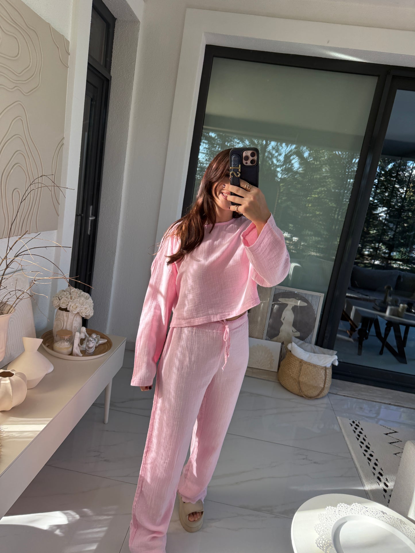 Pembe Müslin Crop Pantolon Takım