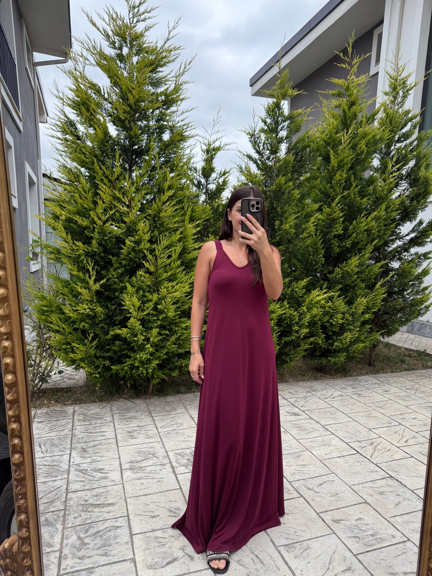 Mürdüm Askılı Modal Maxi Elbise