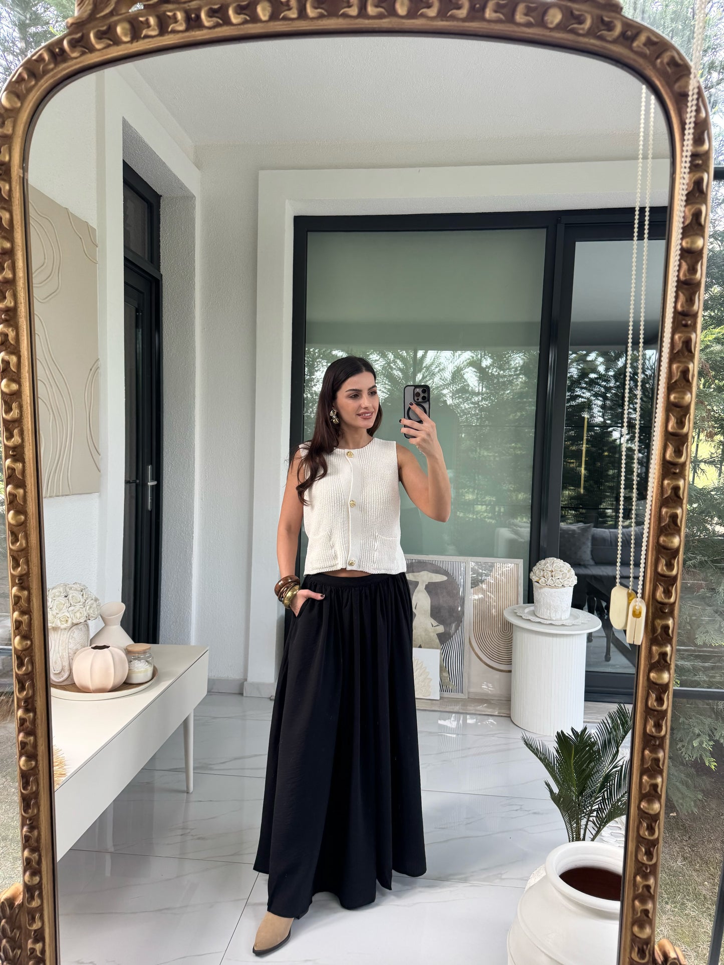 Krem Gold Düğmeli Yelek