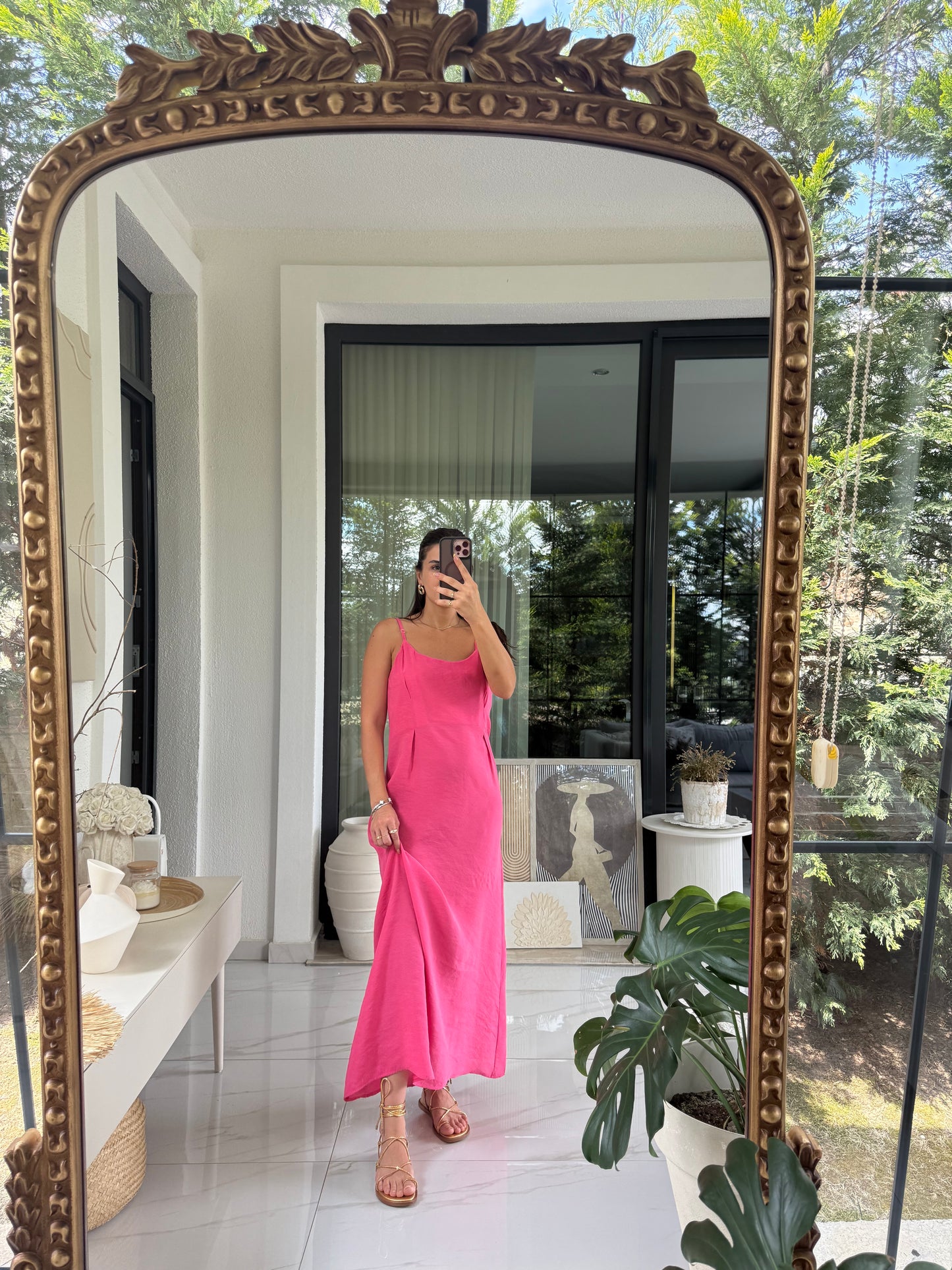 Pembe Askılı Elbise Crop Gömlek Takım