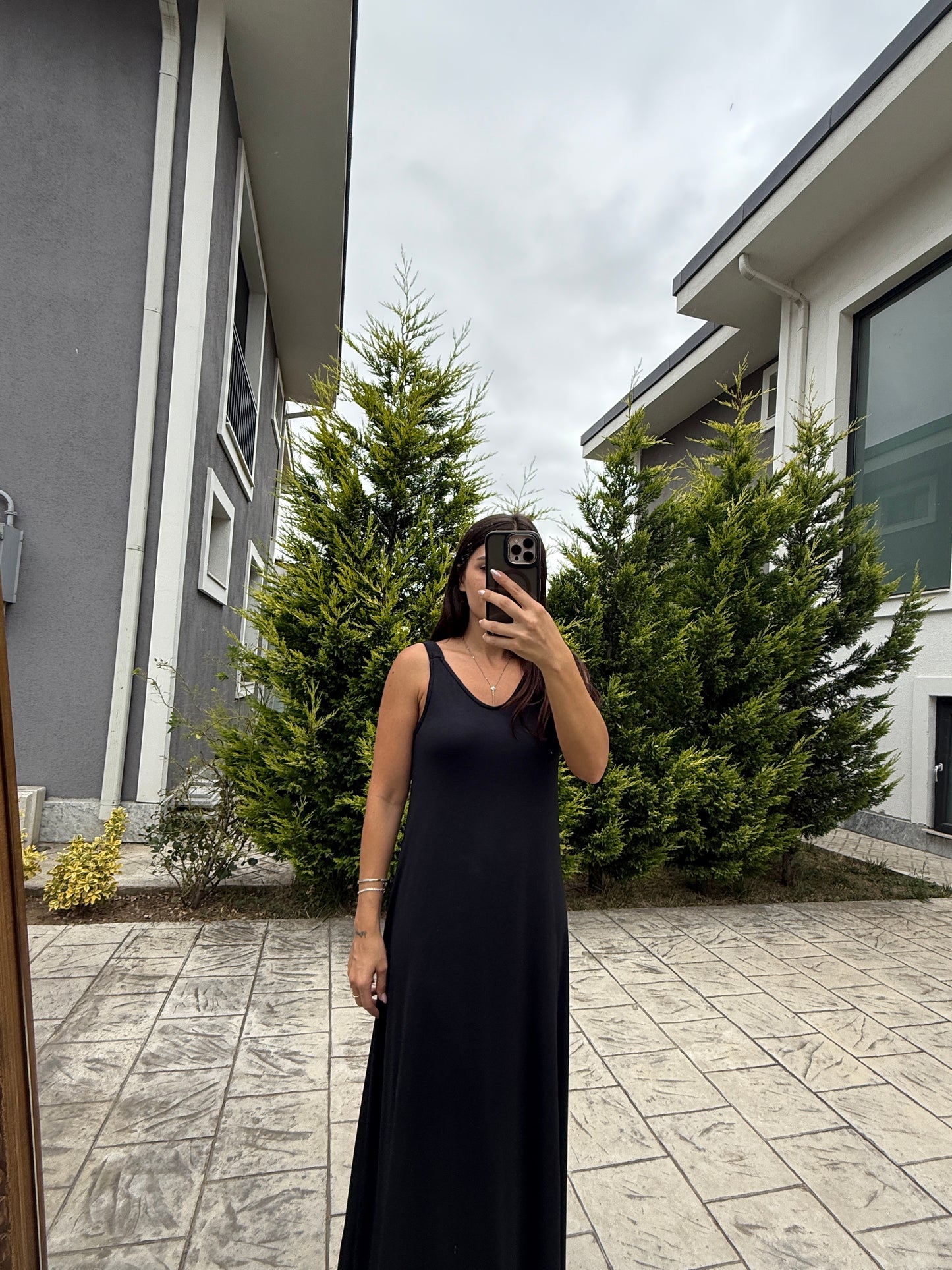 Siyah Askılı Modal Maxi Elbise