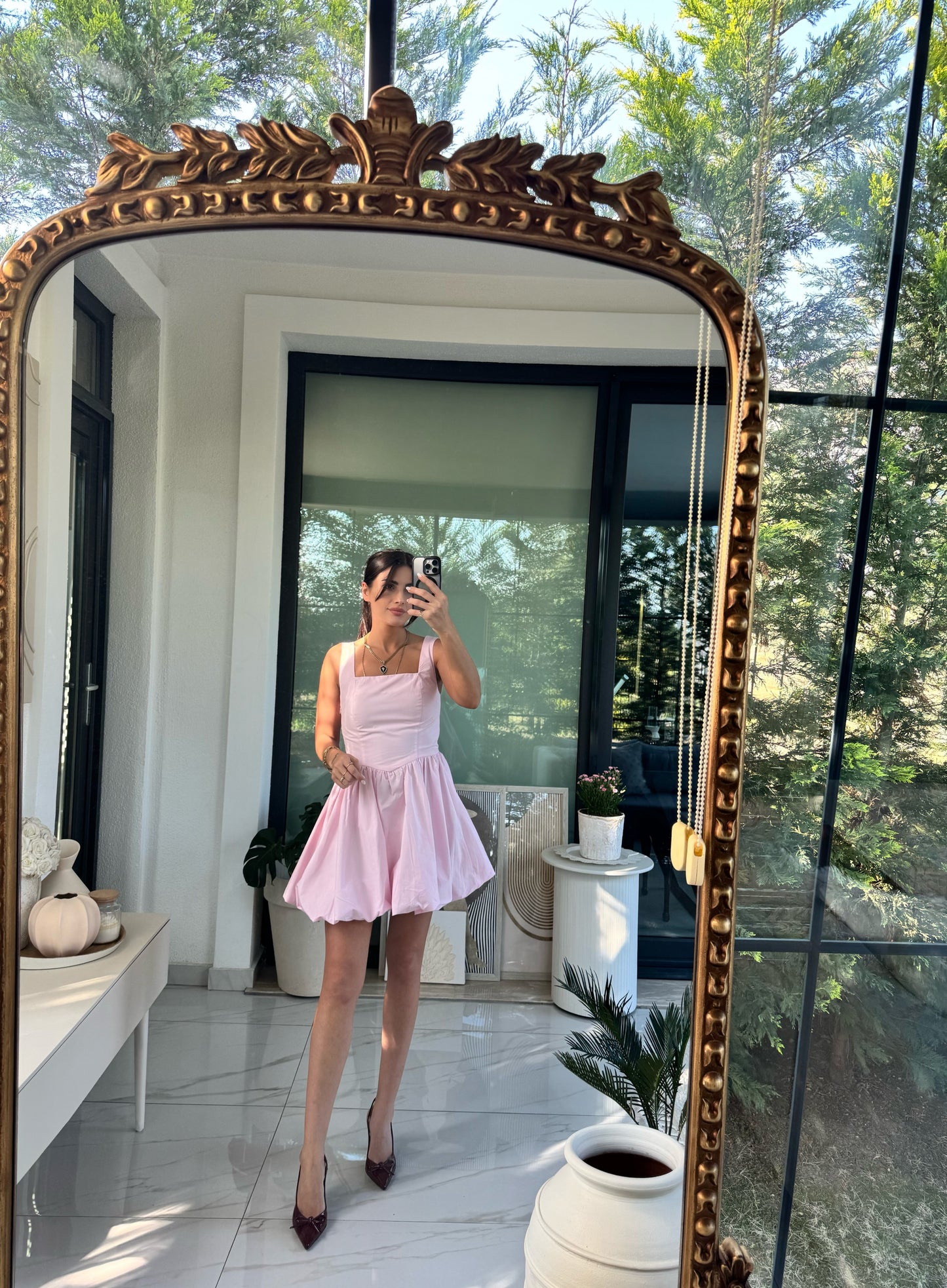 Pembe Askılı Balon Elbise