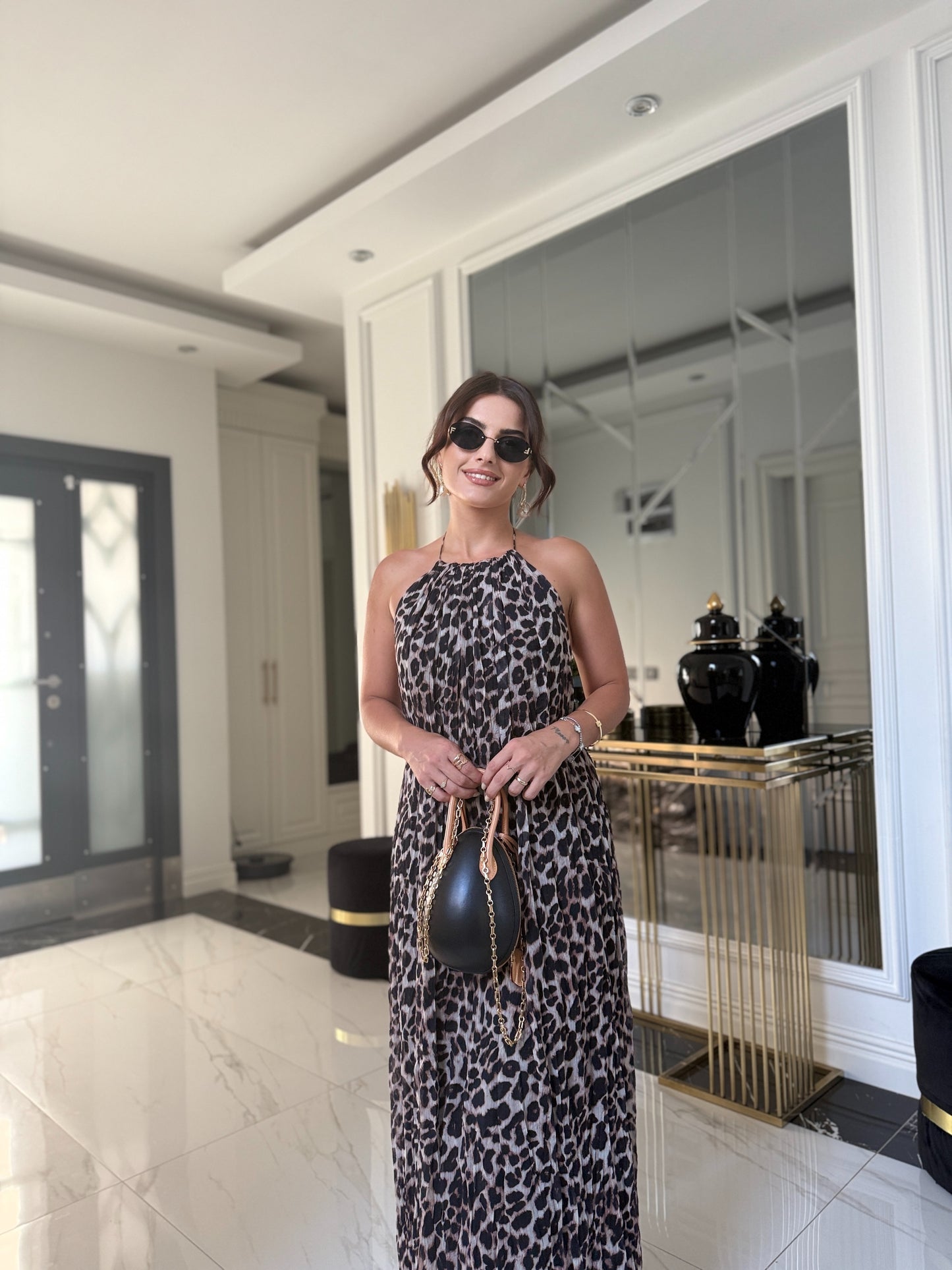 Leopar Sırt Detaylı Astarlı Şifon Elbise