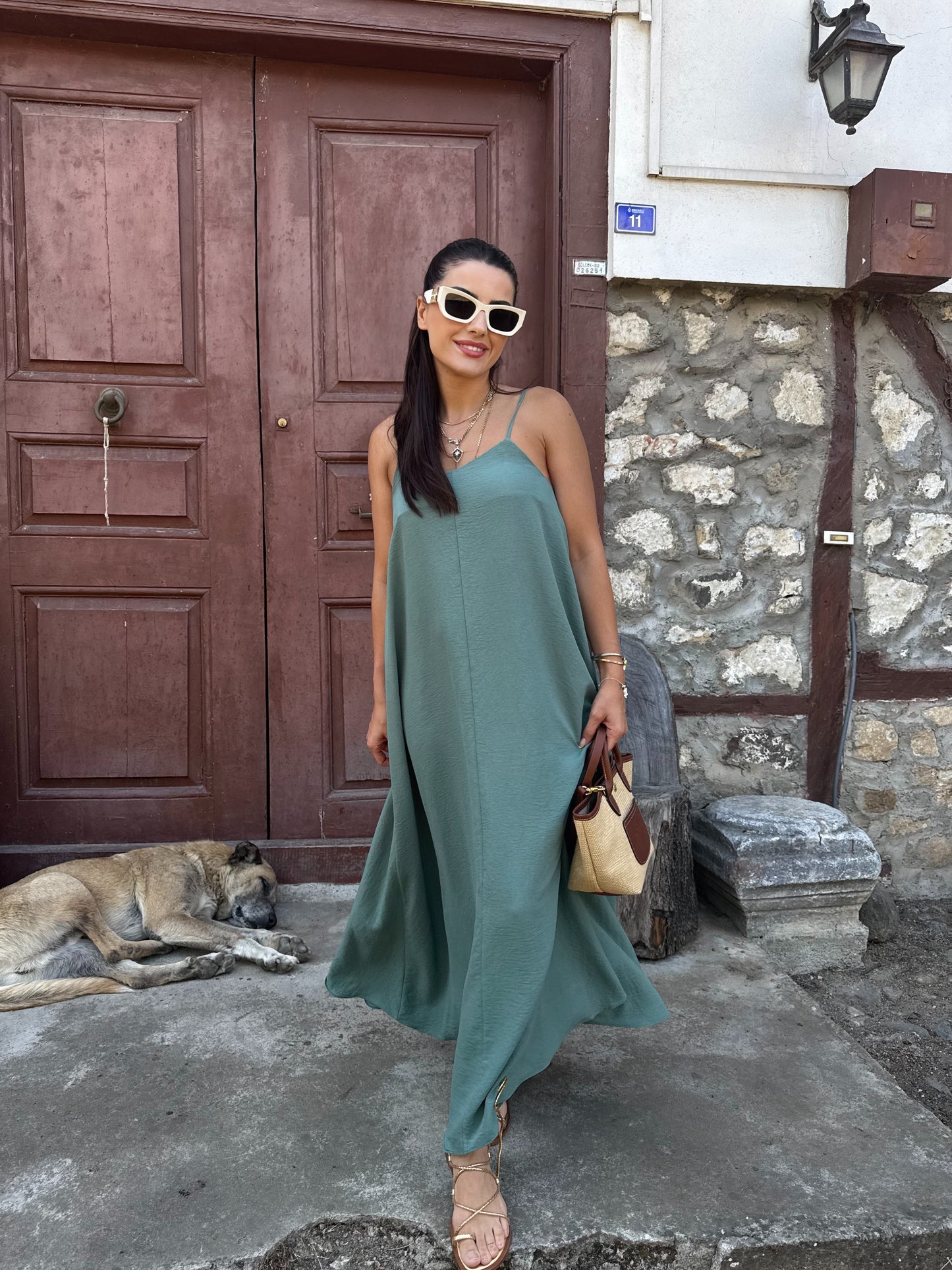 Mint Tensel Askılı Maxi Elbise