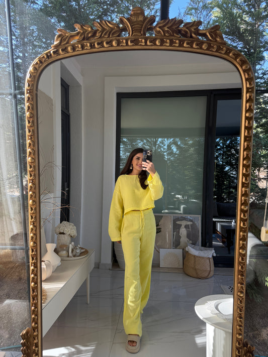 Sarı Müslin Crop Pantolon Takım