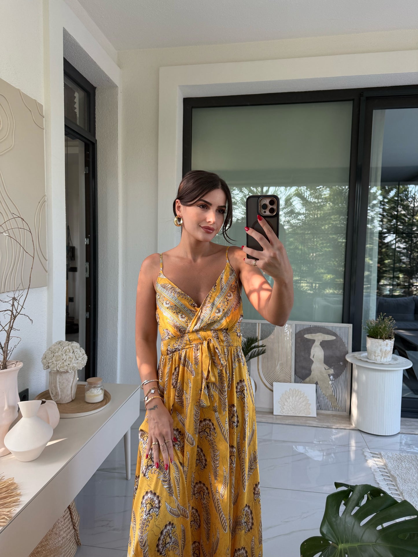 Premium Sarı Desenli Saten Askılı Elbise