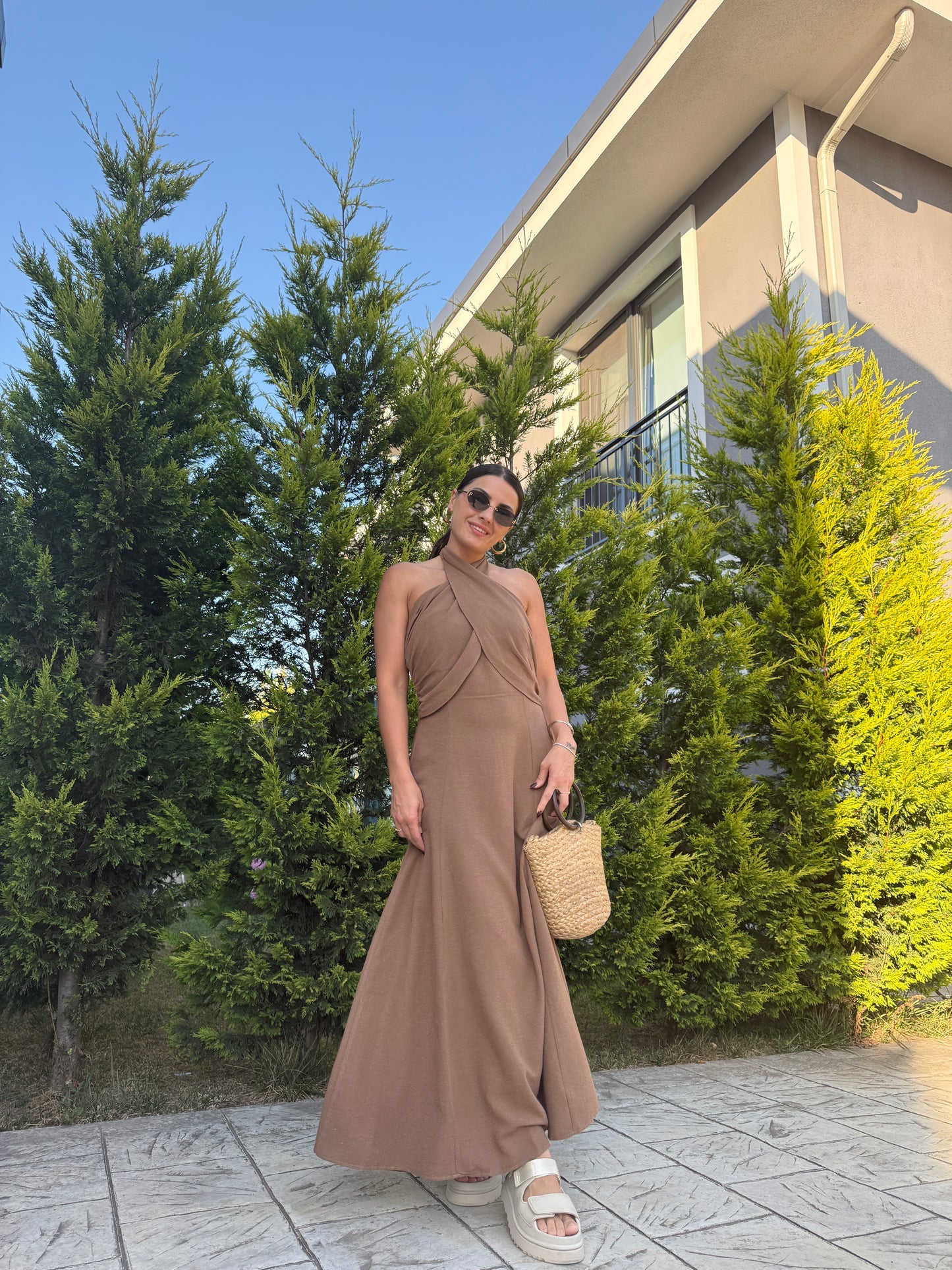 Kahve Çapraz Bağlamalı Keten Elbise