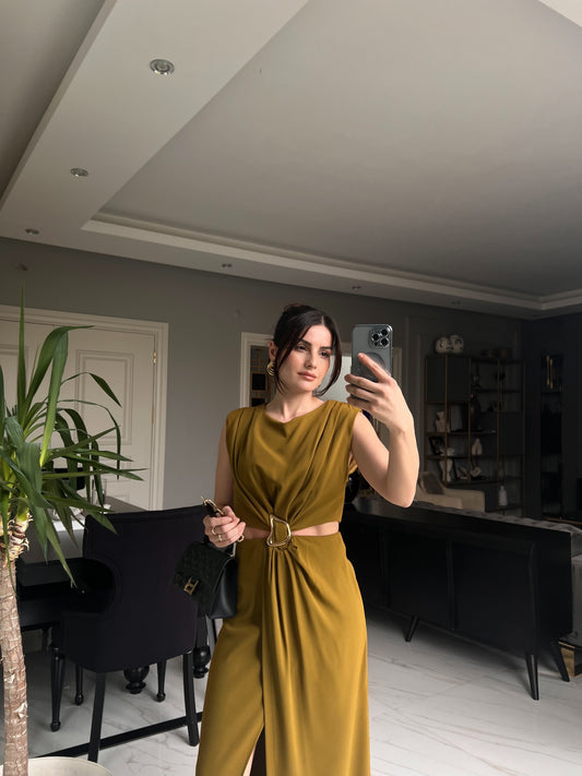 Yağ Yeşili Gold Tokalı Uzun Elbise