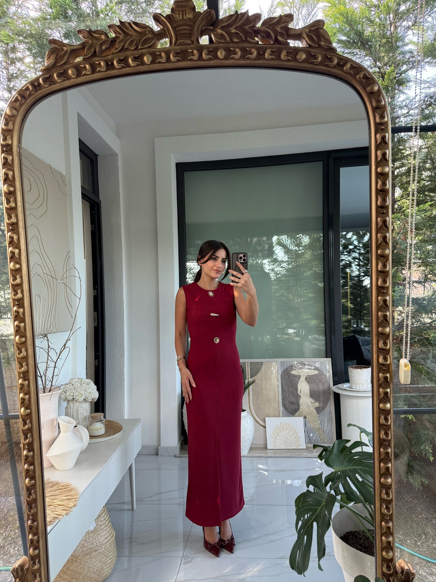 Bordo Gold Aksesuarlı Elbise