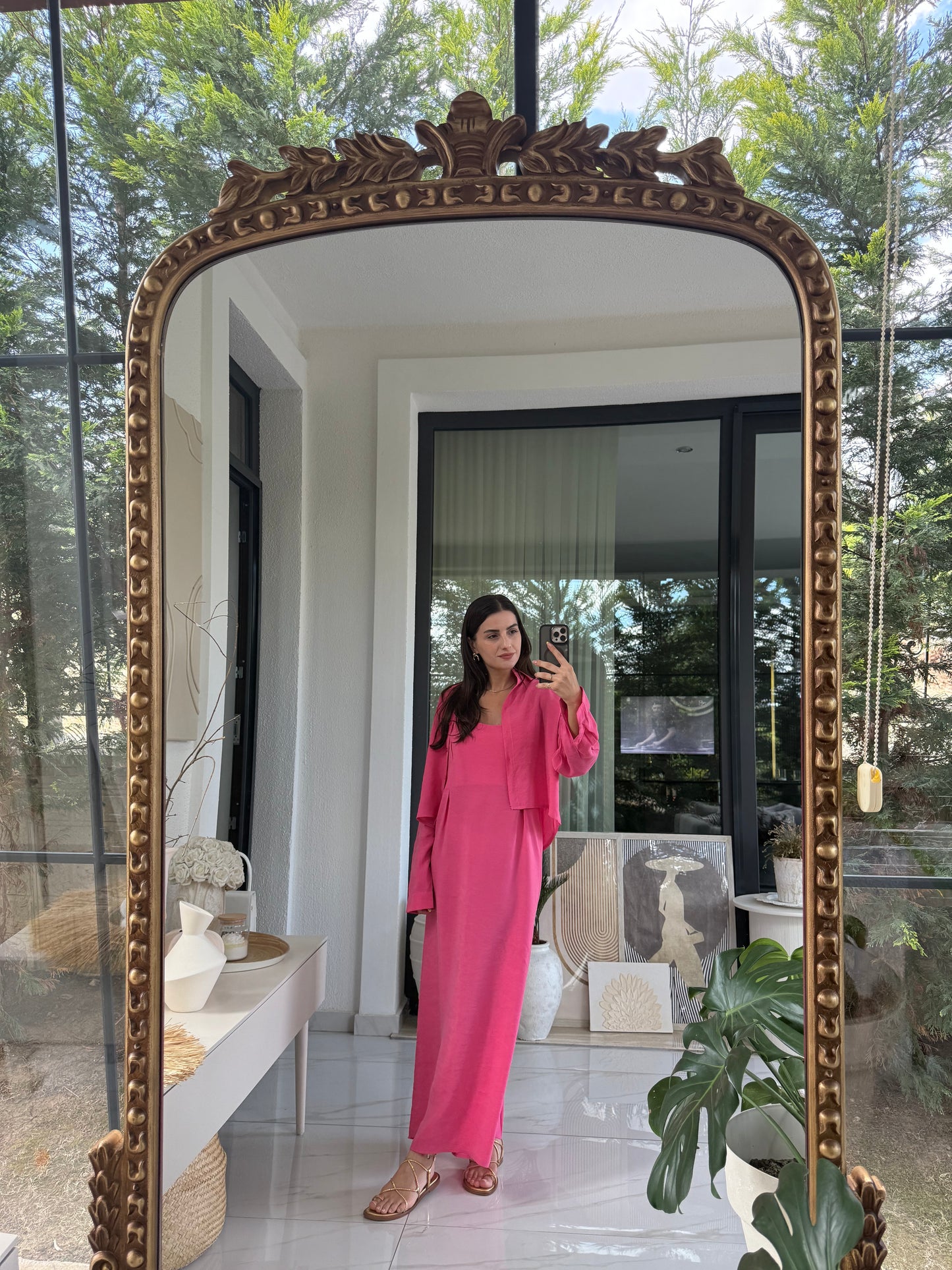Pembe Askılı Elbise Crop Gömlek Takım