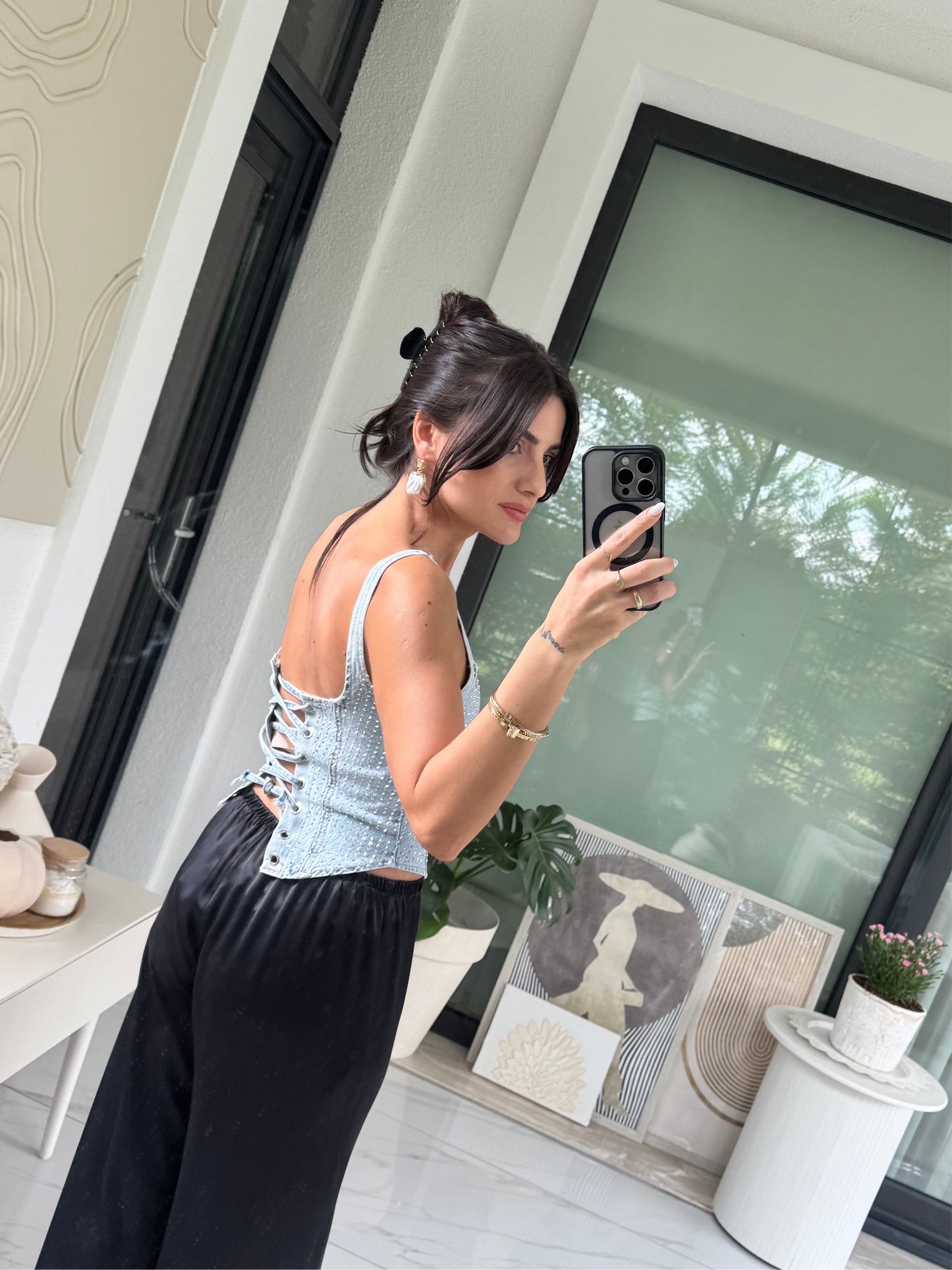 Denim Taş İşlemeli Büstiyer