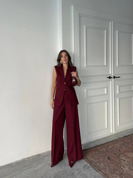 Bordo % 100 Keten Tek Düğmeli Takım