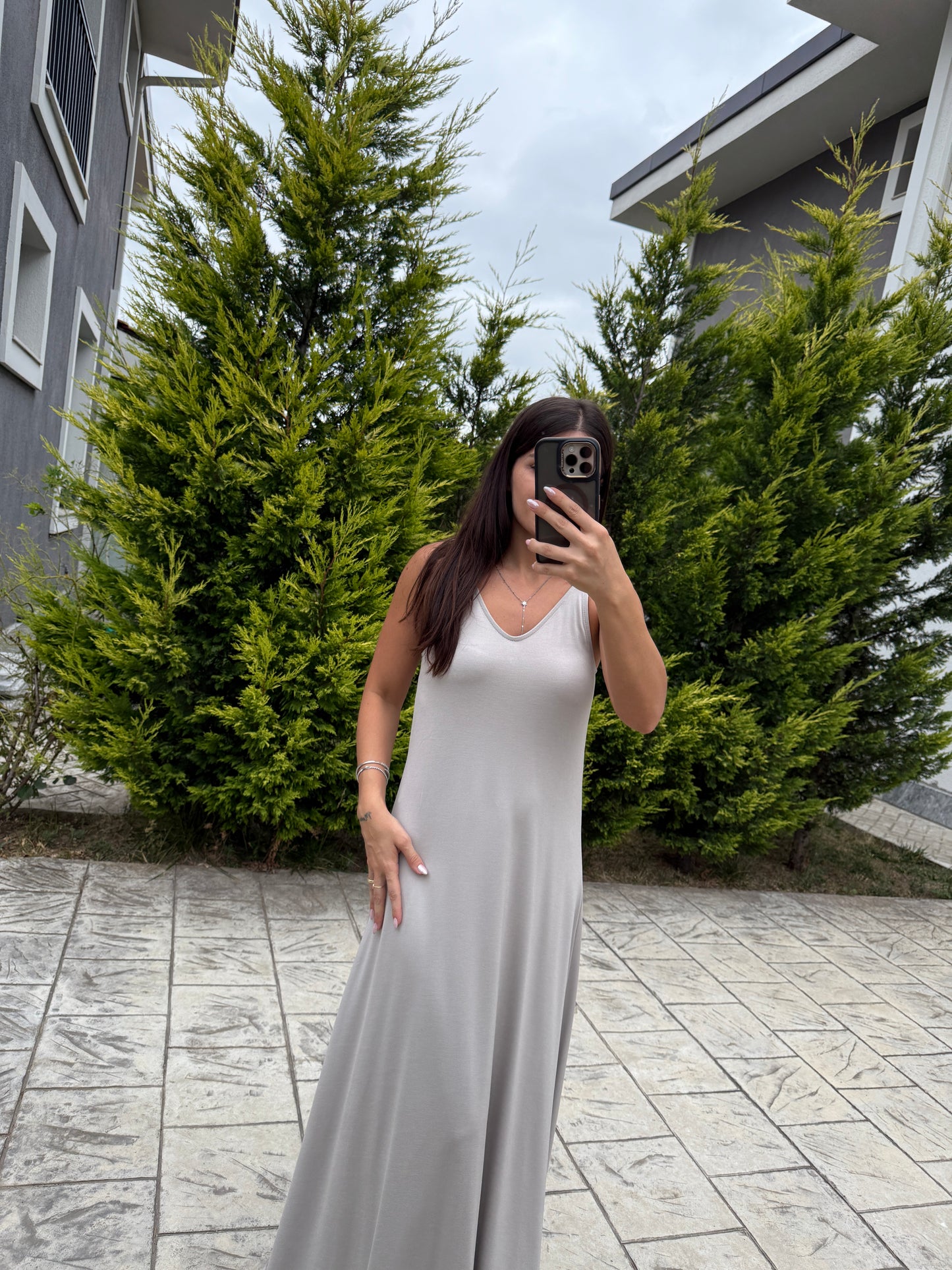 Taş Askılı Modal Maxi Elbise