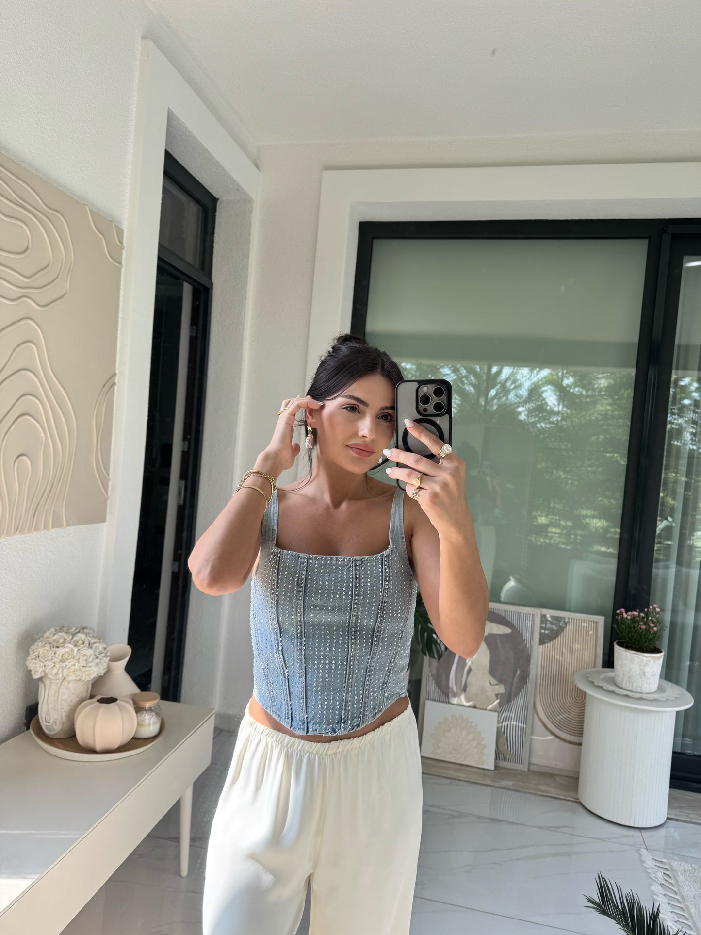 Ekru Saten Beli Lastikli Pantolon