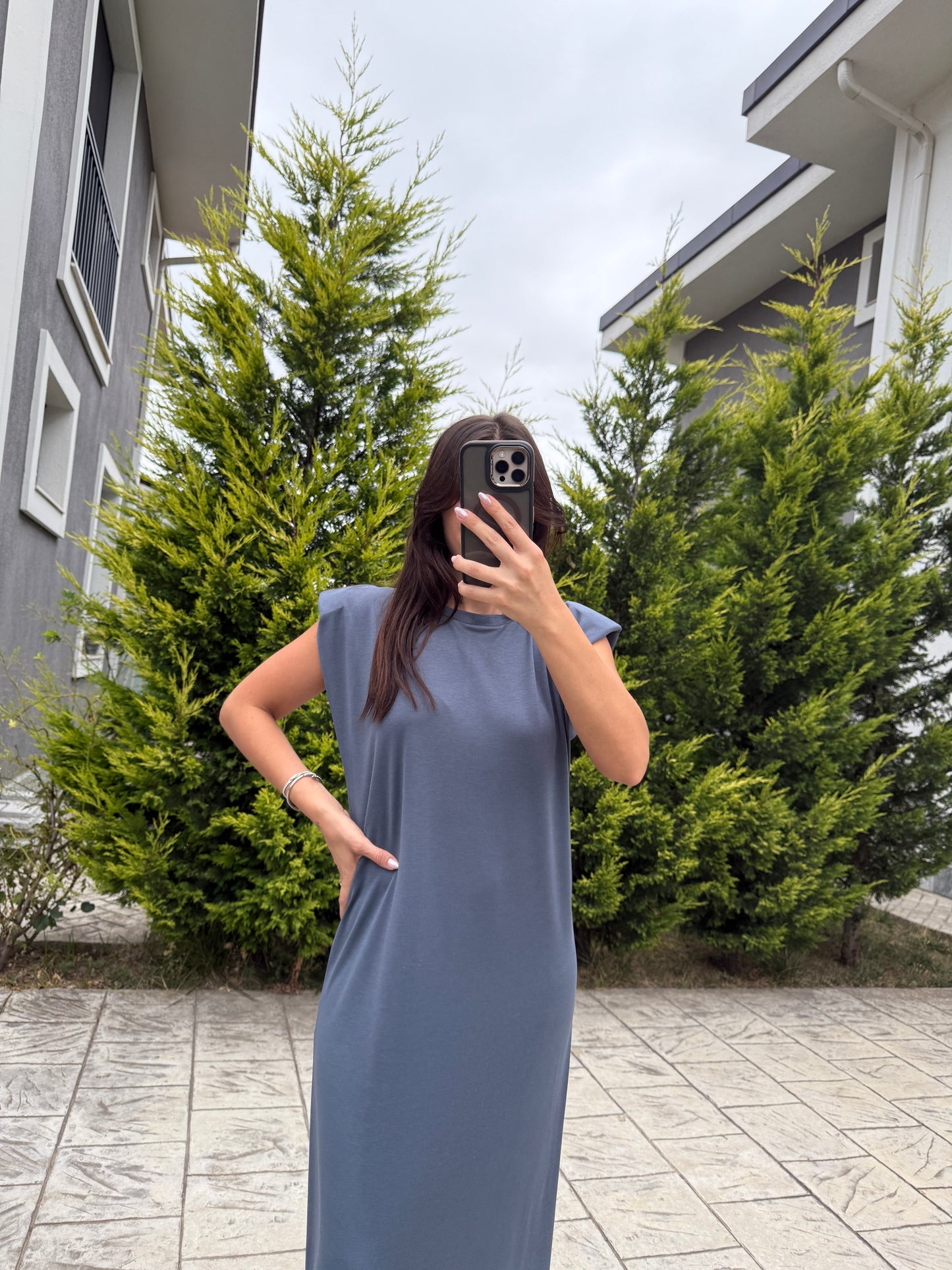 Füme Vatkalı Modal Midi Elbise
