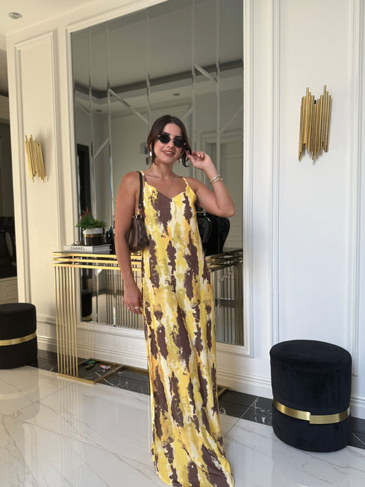 Kahve Sarı Batik Desen Çapraz Sırt Dekolteli Elbise
